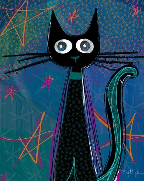 Whimsical black cat silhouette with a long teal tail against a starry Midnight Navy sky.