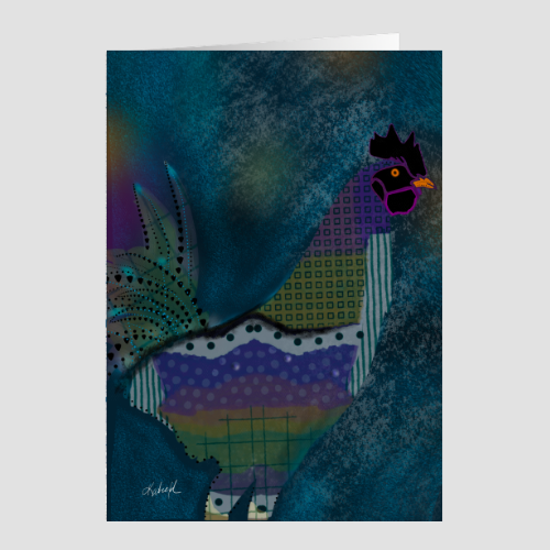 Colorful rooster greeting card featuring whimsical patterned chicken art in teal, purple and green.