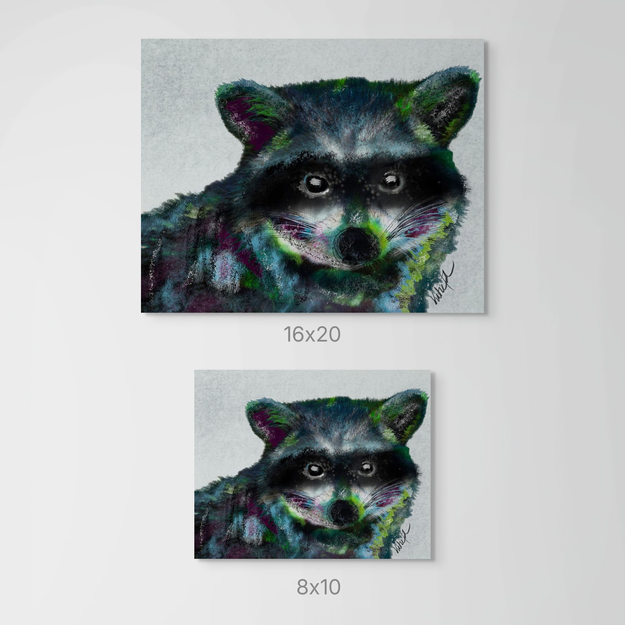 Size comparison of Dusk Bandit raccoon art print showing 8x10 and 16x20 print options from Wild Thorn Collective.