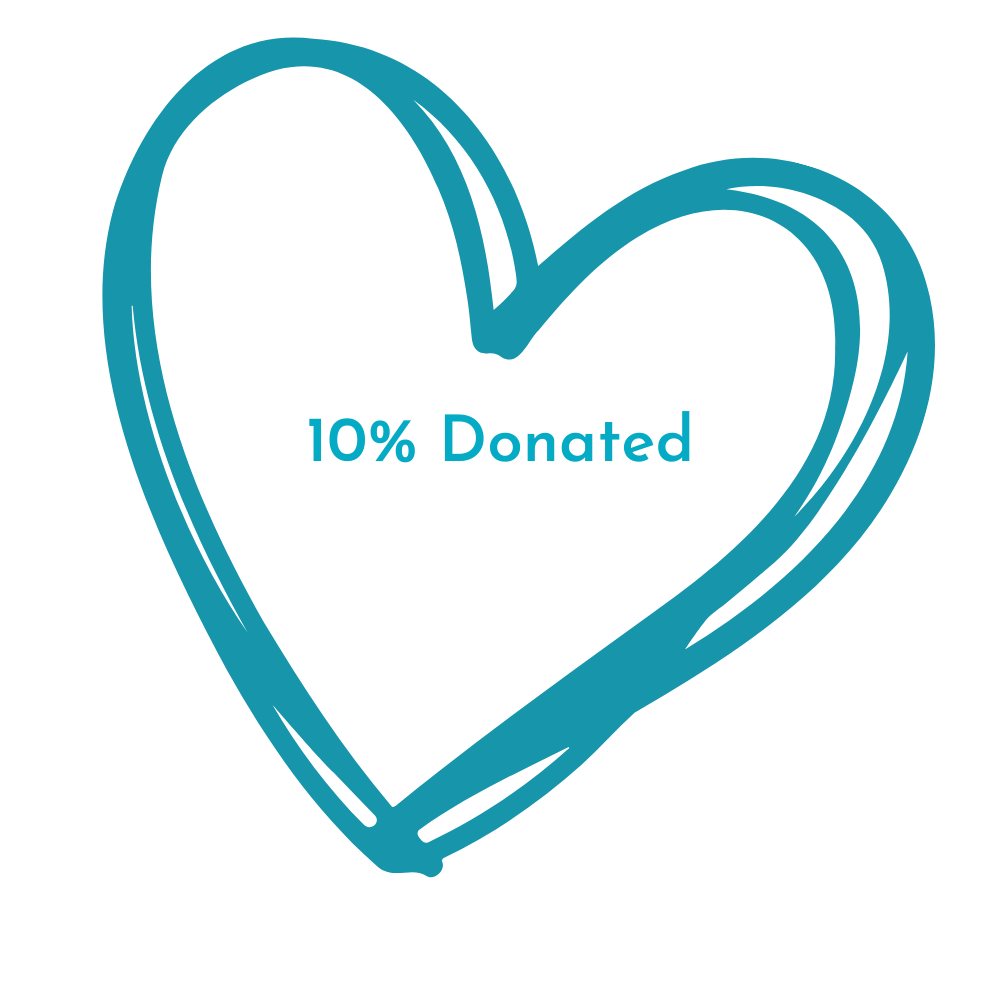 Hand-drawn teal heart outline with the text "10% Donated" in the center on a white background.