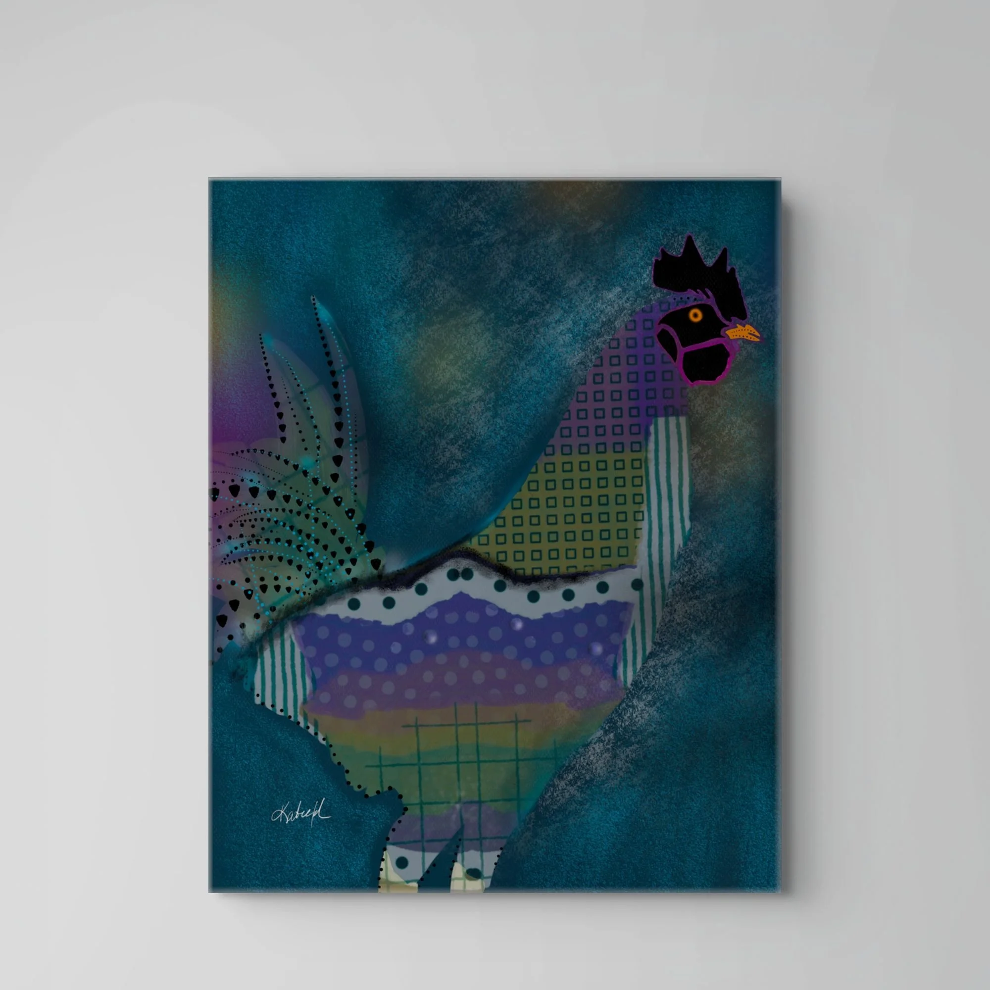Strut colorful rooster wall art featuring teal, purple and green patterns displayed on a wall.