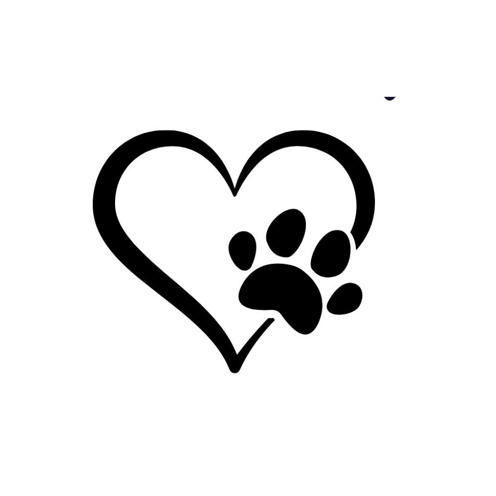 A black line-art heart with a solid black paw print nestled into the bottom right curve