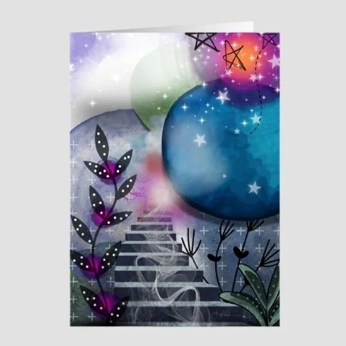 Whimsical celestial illustration with glowing trees, starry sky, and a dreamlike stairway in soft blues, purples, and magentas, greeting card artwork by Wild Thorn Collective.