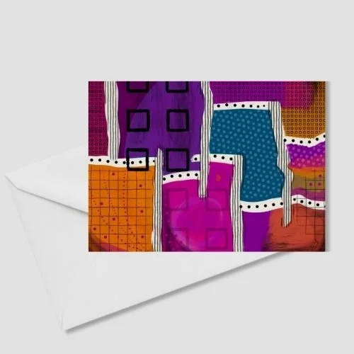 City Stitch abstract greeting card shown with white envelope, featuring colorful modern city shapes and stitched line details by Wild Thorn Collective