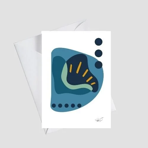 Modern abstract greeting card with layered teal and blue shapes accented by soft green curves and golden marks, shown with a white envelope, by Wild Thorn Collective.