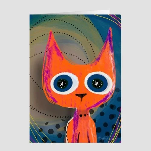 Whimsical orange cat illustration with oversized starry eyes and playful texture on a teal and charcoal abstract background, greeting card artwork by Wild Thorn Collective.