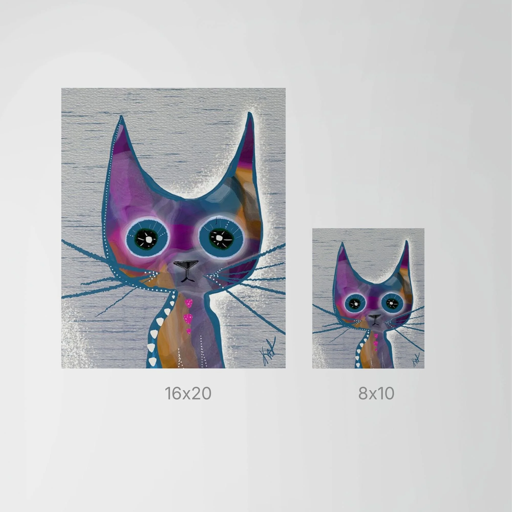 Paintbox Kitty art print size comparison showing 8x10 and 16x20 prints for scale.