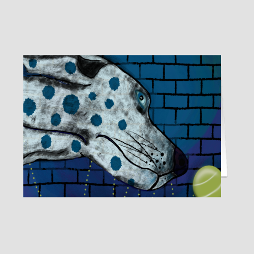 Go Get It whimsical dog greeting card by Katie Thornsvard, featuring a spotted dog watching a bright green tennis ball against a blue brick background.