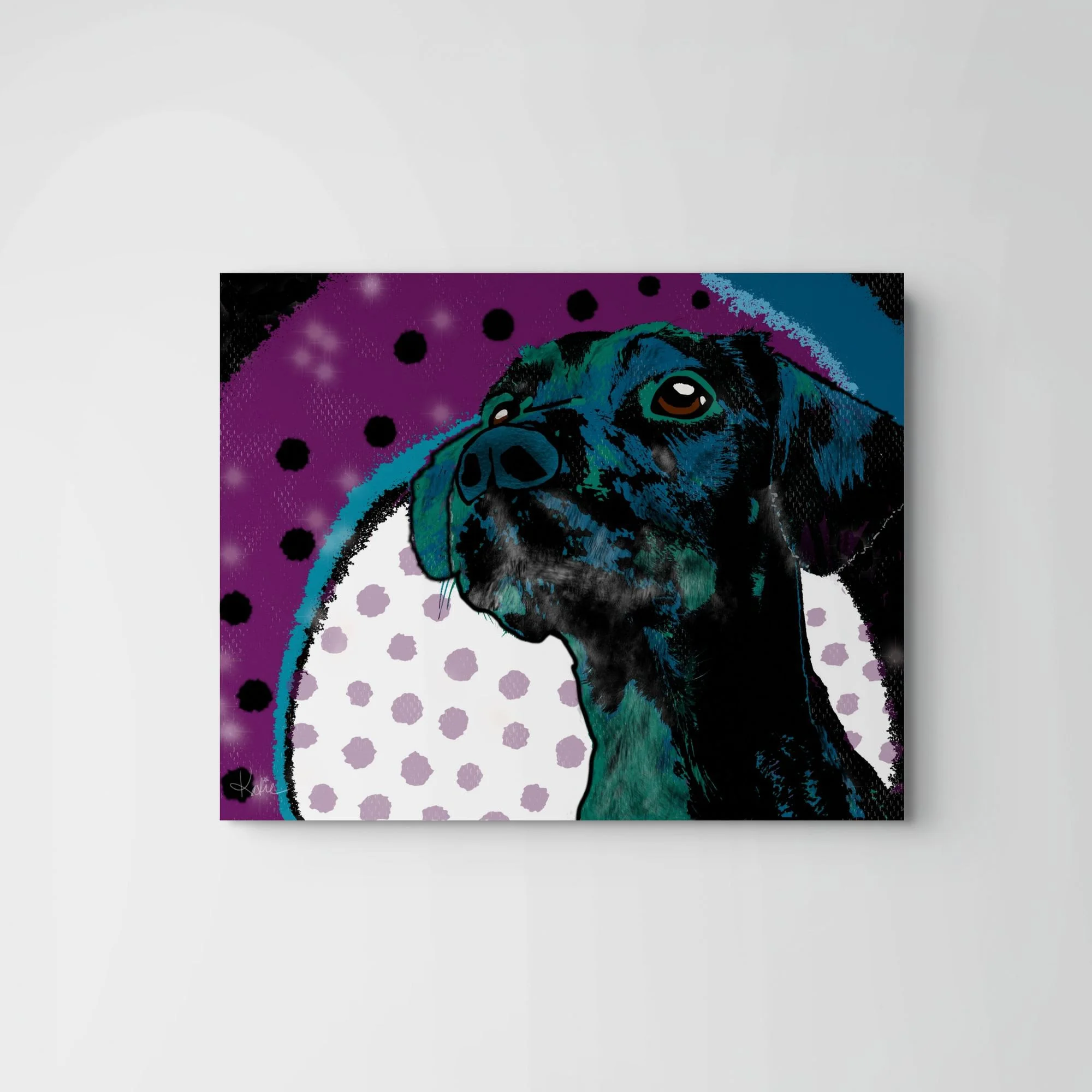 Colorful Squirrel Watch dog art print by Katie Thornsvard of Wild Thorn Collective, featuring an alert dog looking upward toward the trees.