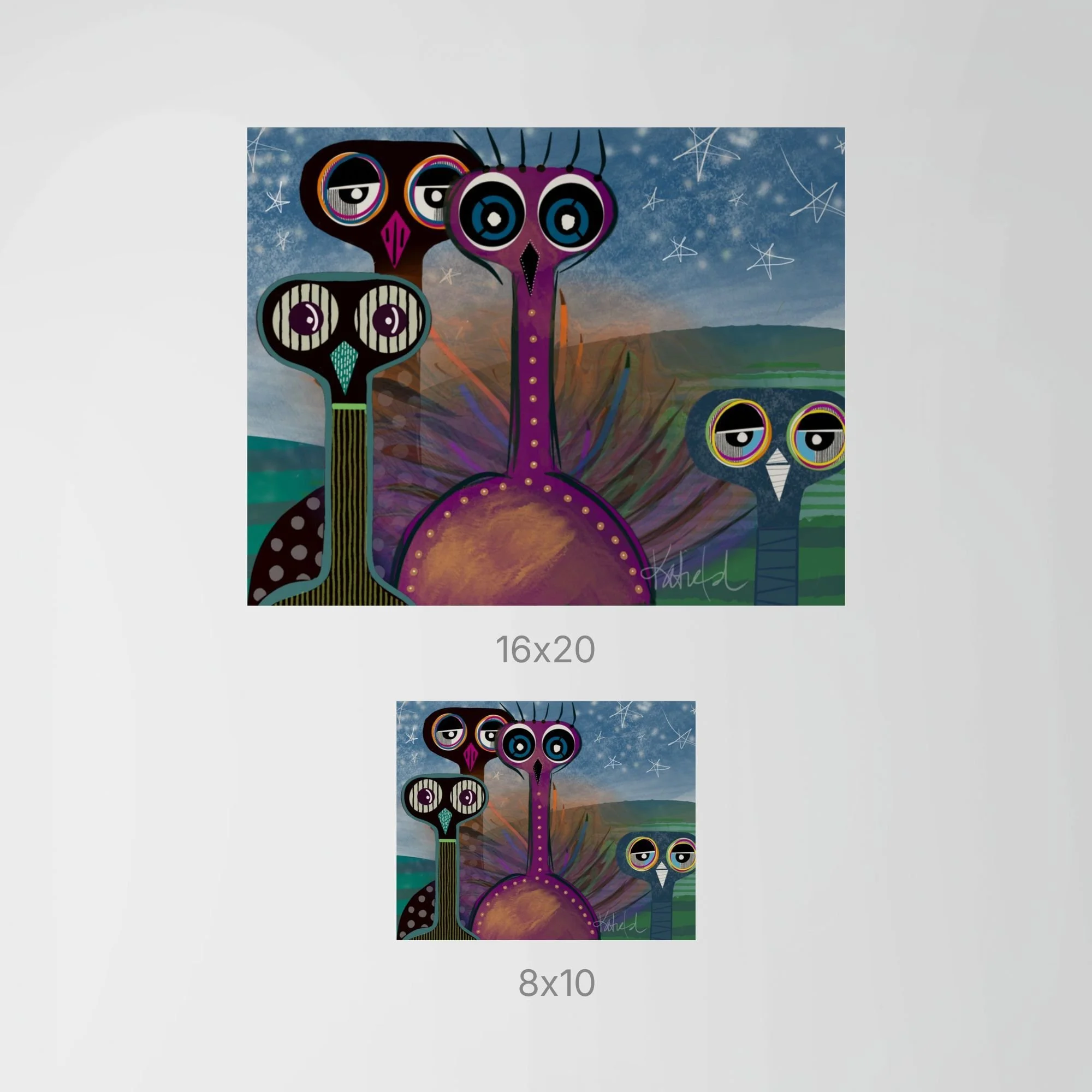 Size comparison showing the Neighborhood Watch whimsical bird art print by Katie Thornsvard displayed in 8×10 and 16×20 sizes to illustrate scale