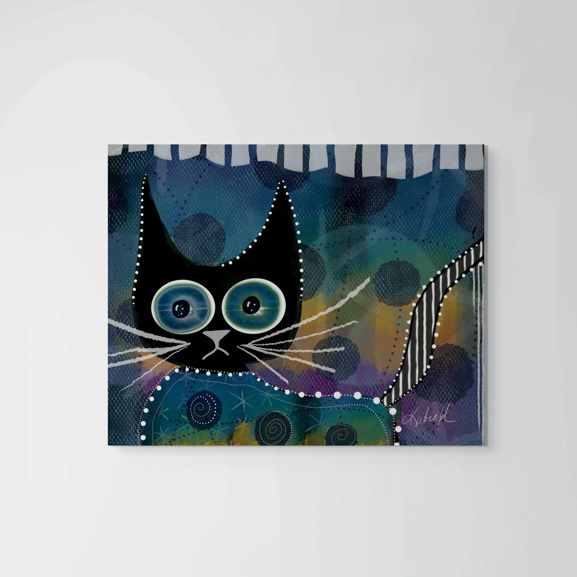 Moonlight Patrol by Wild Thorn Collective featuring a whimsical black cat with glowing blue eyes against a colorful moonlit background.