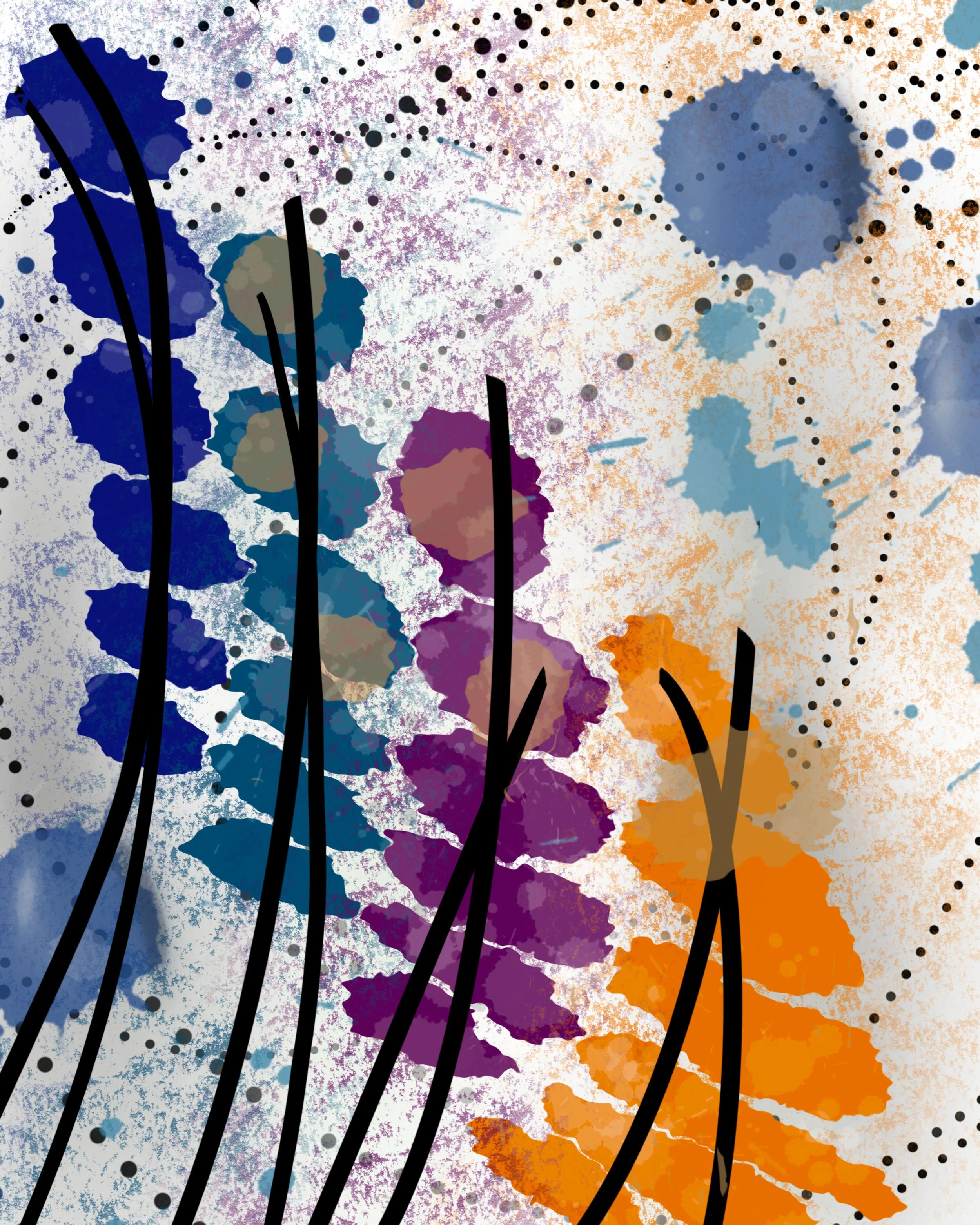 Colorful abstract wall art with curved black lines, dotted pathways, and layered blue, teal, purple, and orange shapes