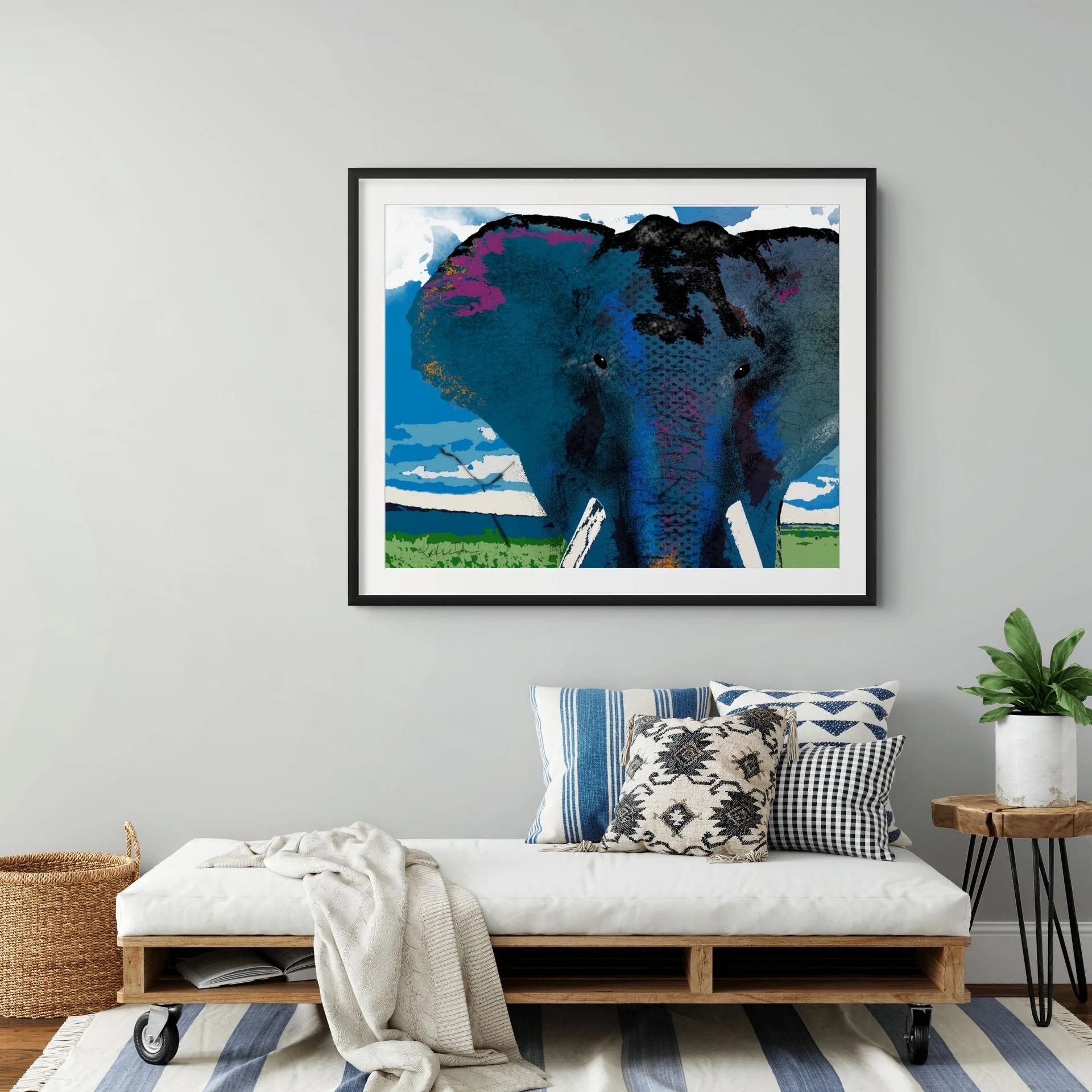 Gentle Giant | Whimsical elephant wall art styled with colorful, eclectic decor for a playful and personality-filled space