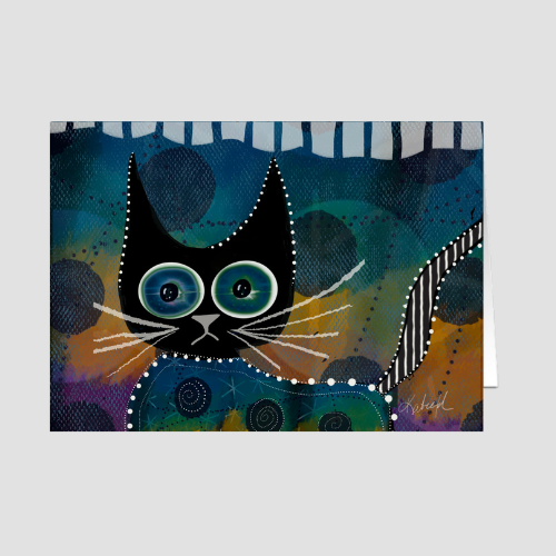 Moonlight Patrol greeting card by Wild Thorn Collective featuring a whimsical black cat with glowing blue eyes beneath a colorful moonlit sky.