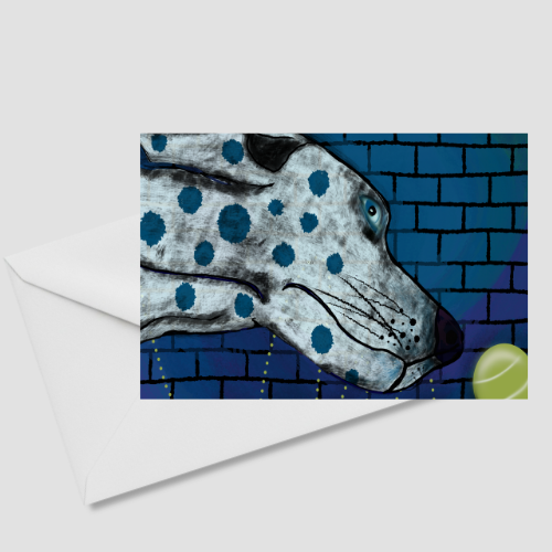 Go Get It whimsical dog greeting card by Katie Thornsvard, featuring a spotted dog watching a bright green tennis ball against a blue brick background.
