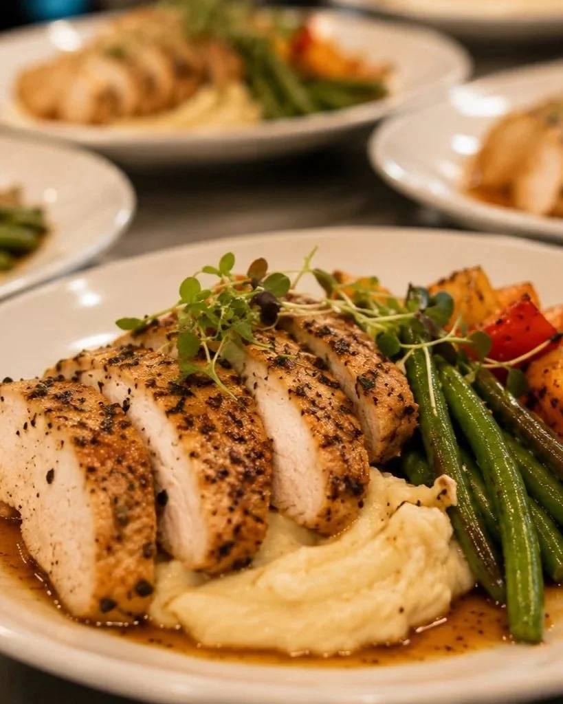 Seasoned grilled chicken breast sliced and served with mashed potatoes, green beans, and roasted vegetables, garnished with microgreens.
