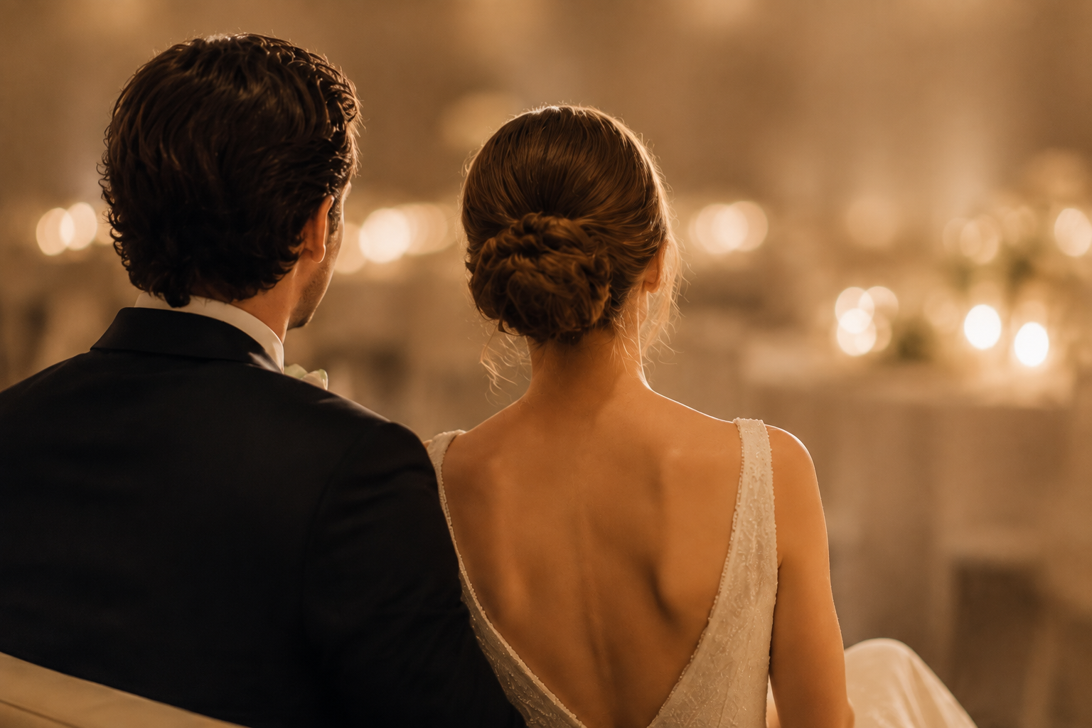 A man and woman sitting side by side, facing away, during a wedding ceremony in a softly-lit, elegant setting.