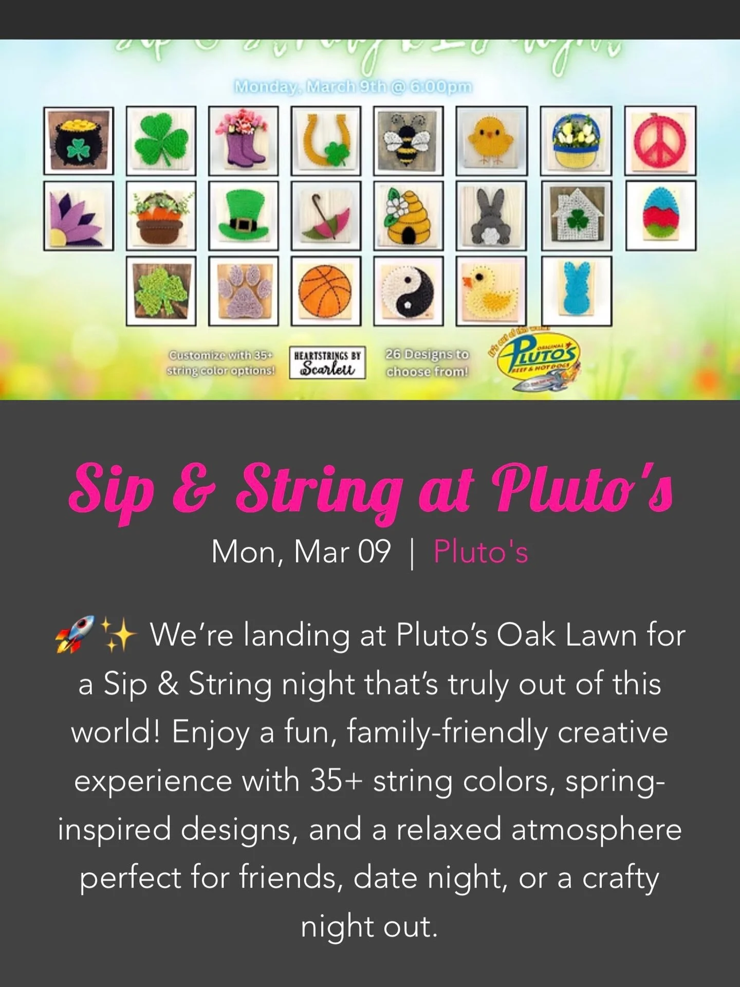 Our next Sting Art is Monday, March 9 starting at 6pm until we close at 9pm! @heartstrings_by_scarlett does a great job and this is a kid friendly event! It&rsquo;s fun for kids 5 and up! The kids love hammering the nails in the wood before they get 