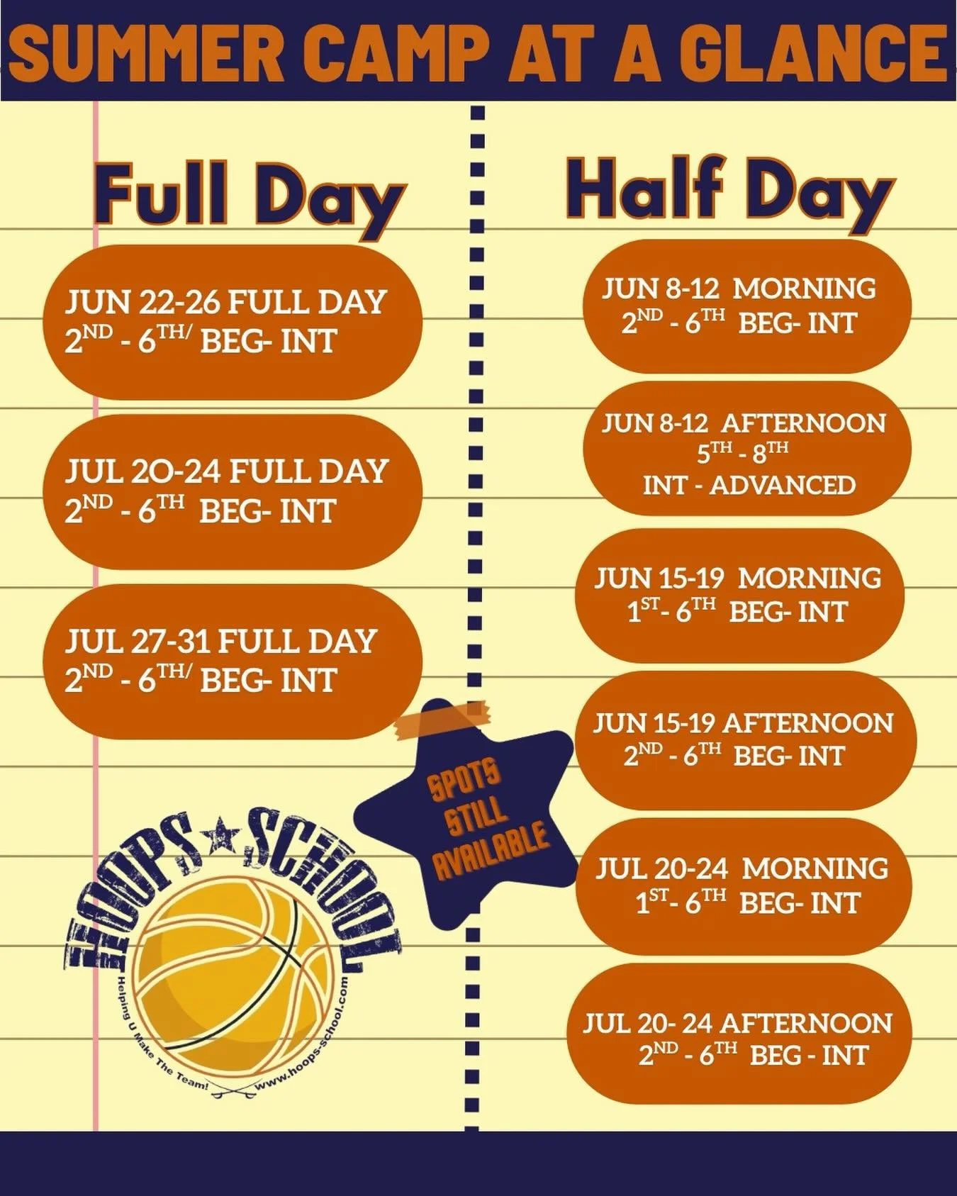 6 Summer Camps to choose from! Half and Full Day Options $249 half day. www.hoops-school.com/register