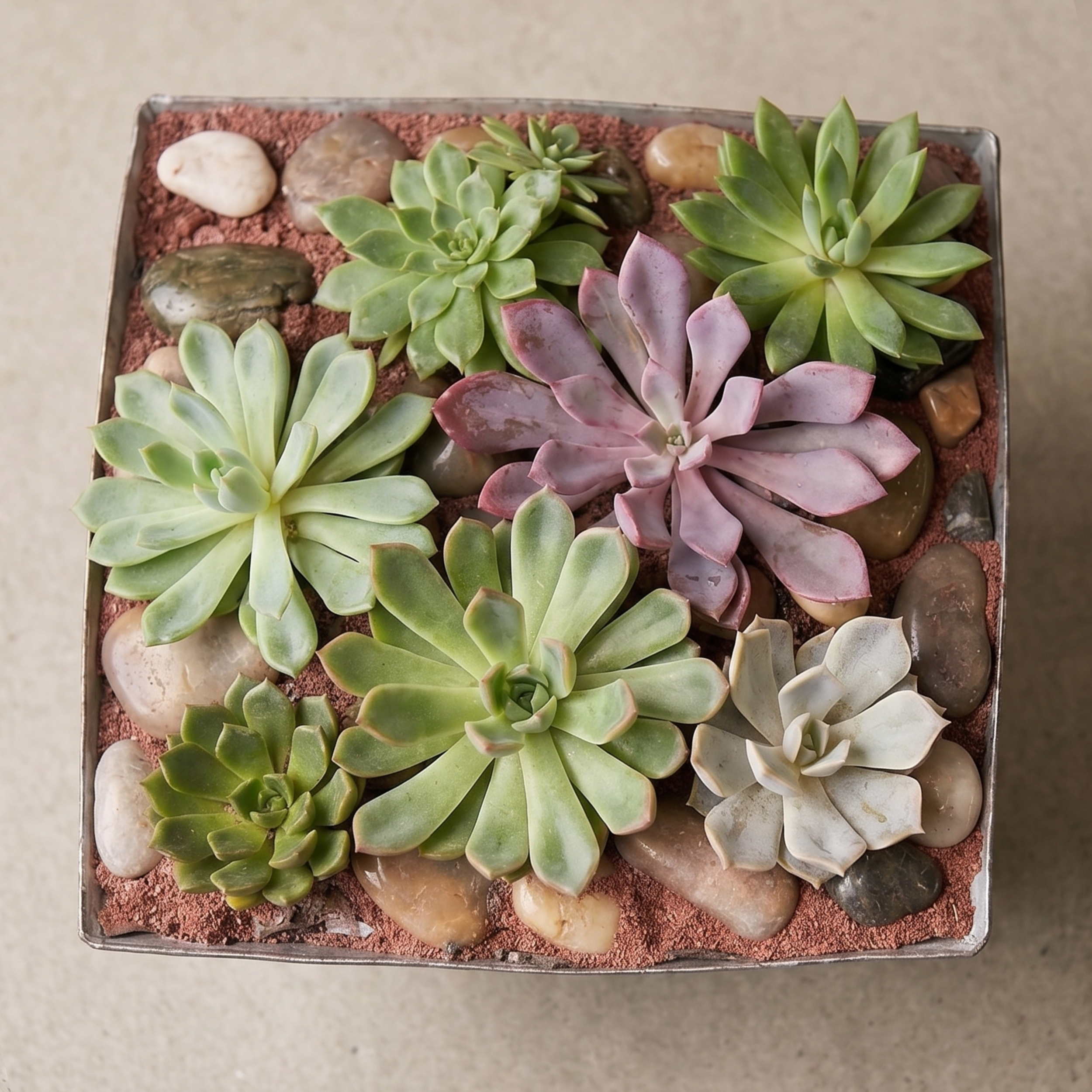 succulent in metal containetr top down view.png