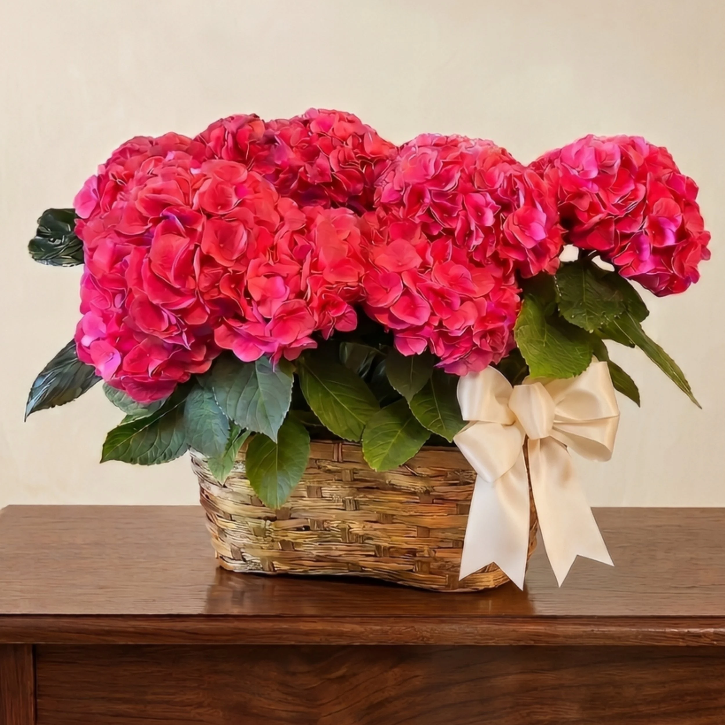 2 pink hydrangeas in basket with a bow.jpg