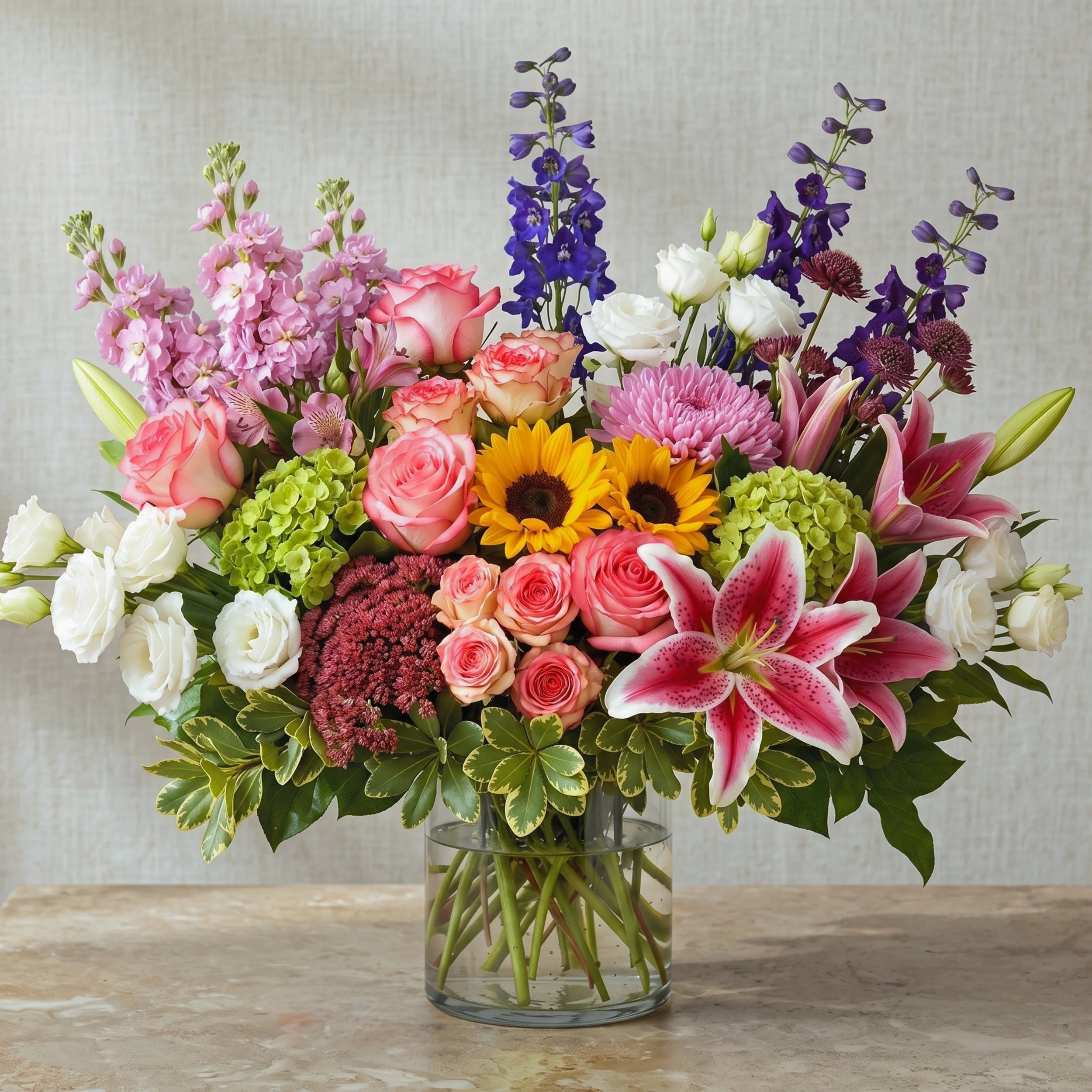 Arrangement of the week alert! Our latest design features white lisianthus, stargazer lilies, &ldquo;sweetness&rdquo; roses and matching spray roses, purple larkspur, sunflowers, pink stock, mini green hydrangeas and chrysanthemums! 

Available onlin