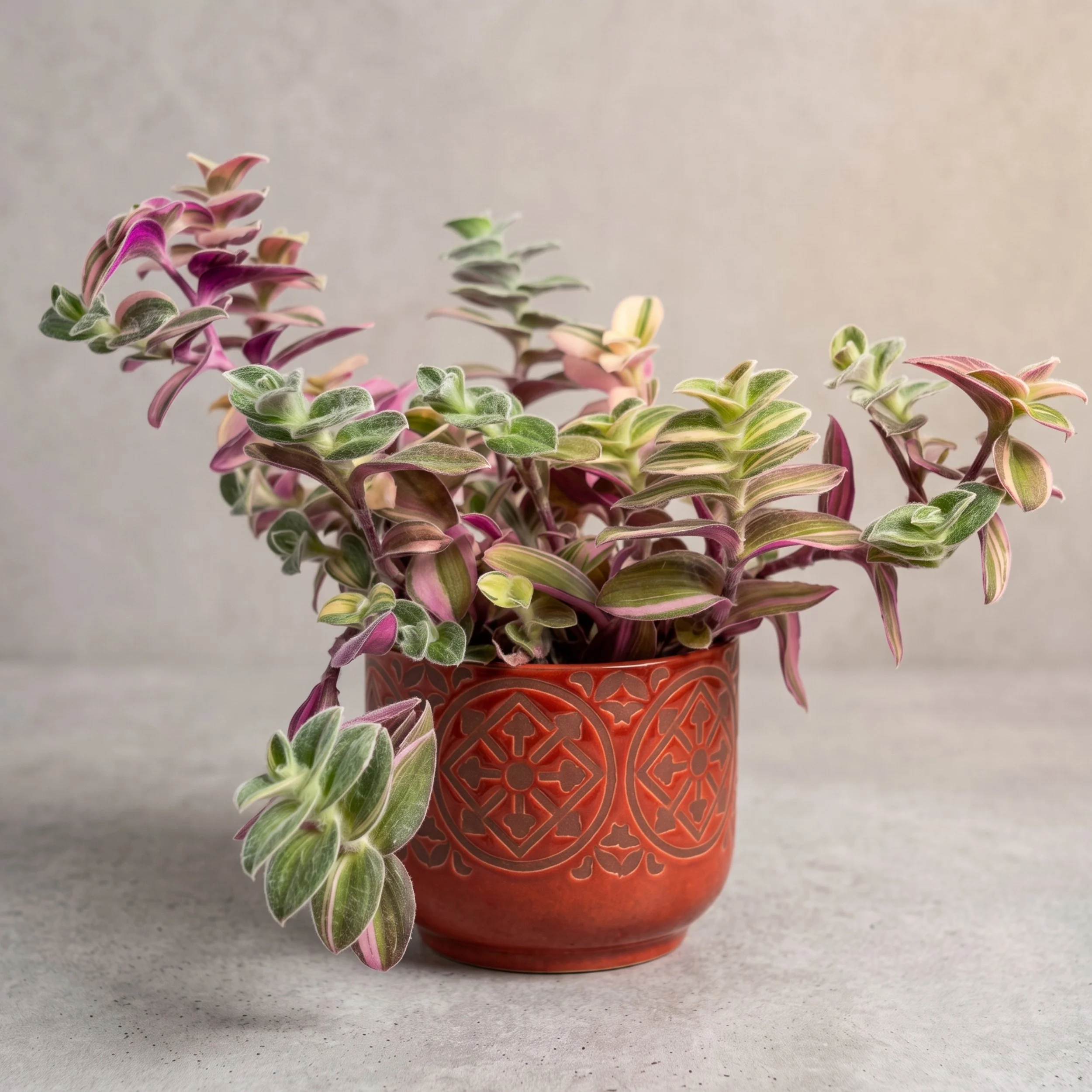 Variegated Cobweb Spiderwort in red ceramic.jpg