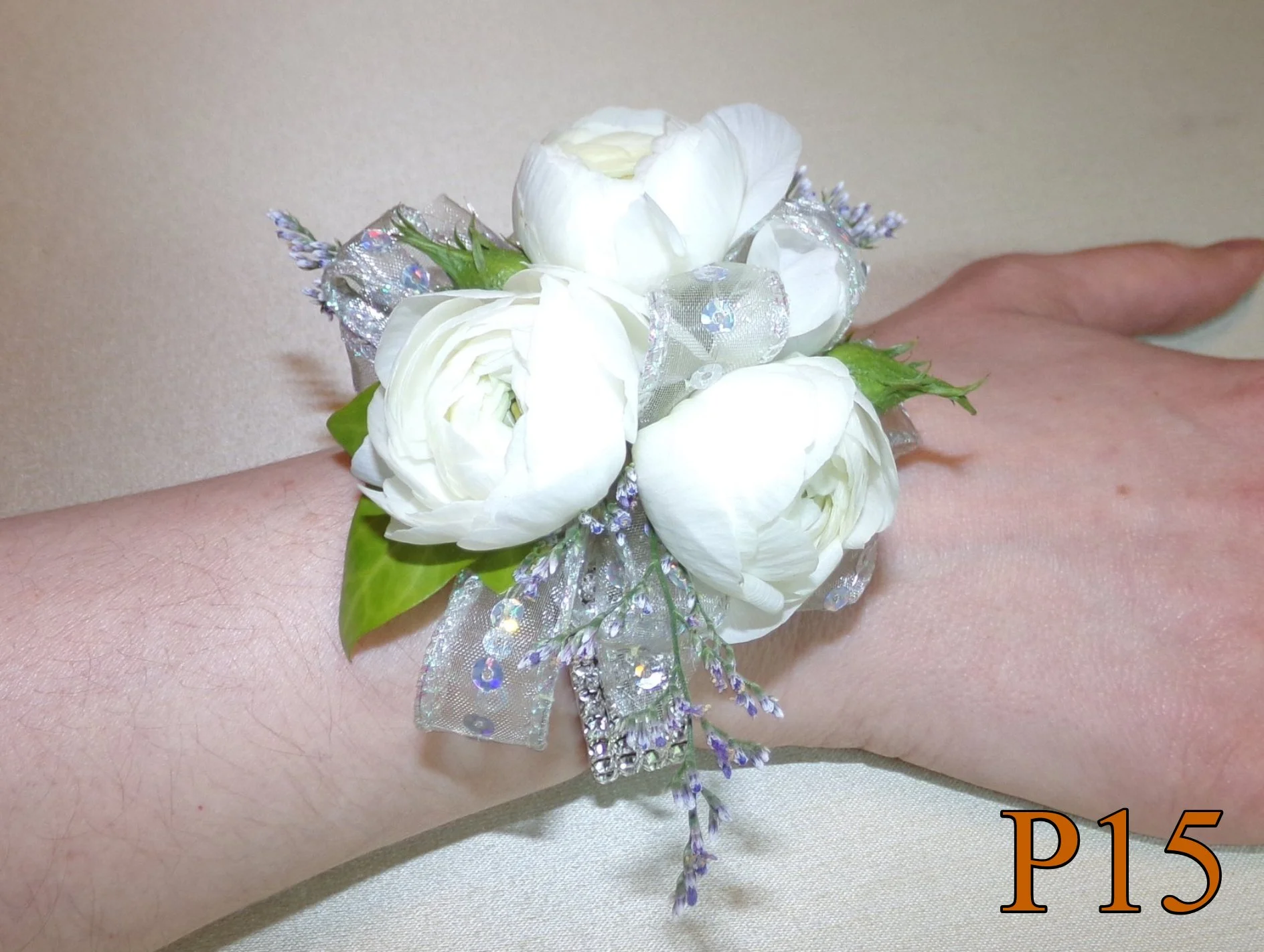 white ranunculus corsage silver professional simple smyrna ga