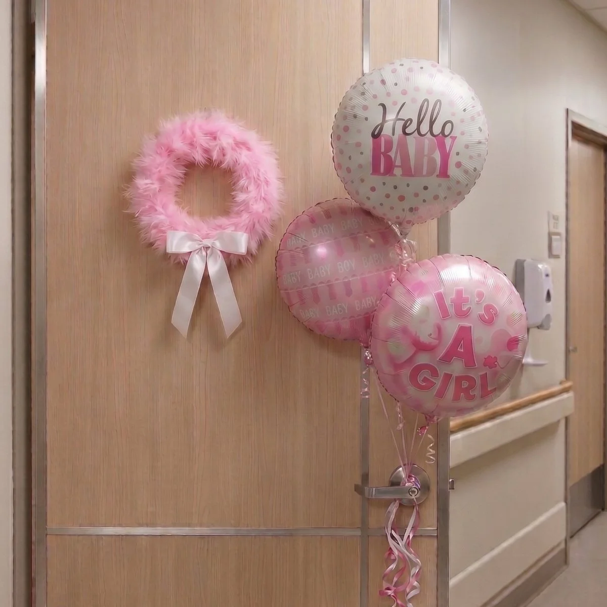 baby girl wreath and balloons on hospital door.jpg