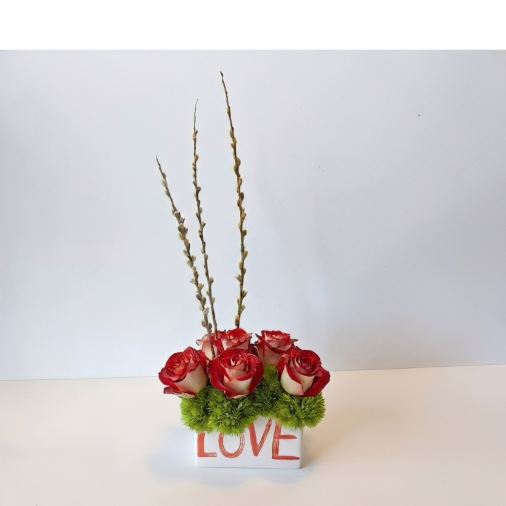 Love Keepsake Vase with Roses and Green Accents - $80