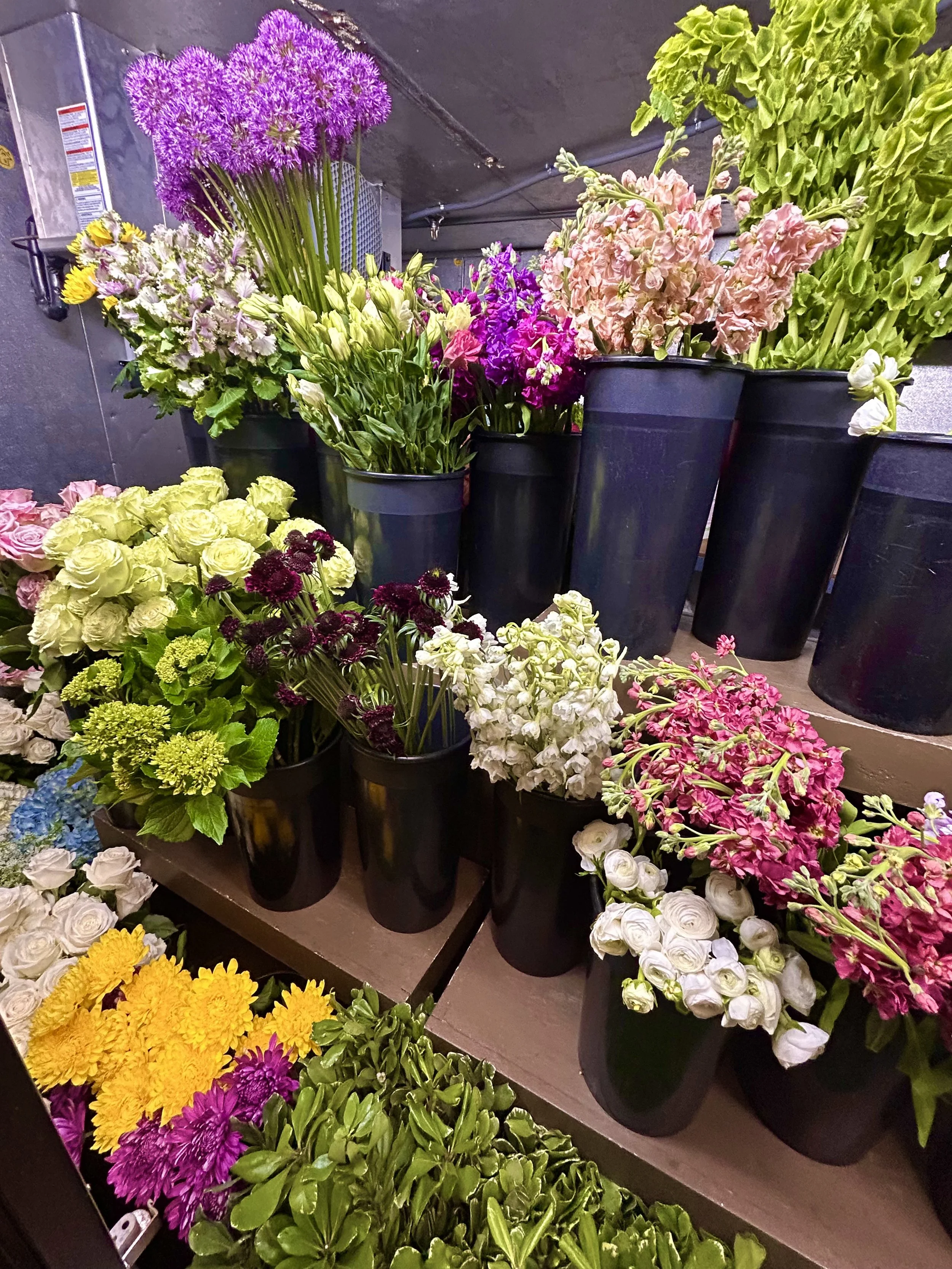 Colorful assortment of flowers in black buckets at a flower shop, including purple, pink, white, yellow, and green blooms.