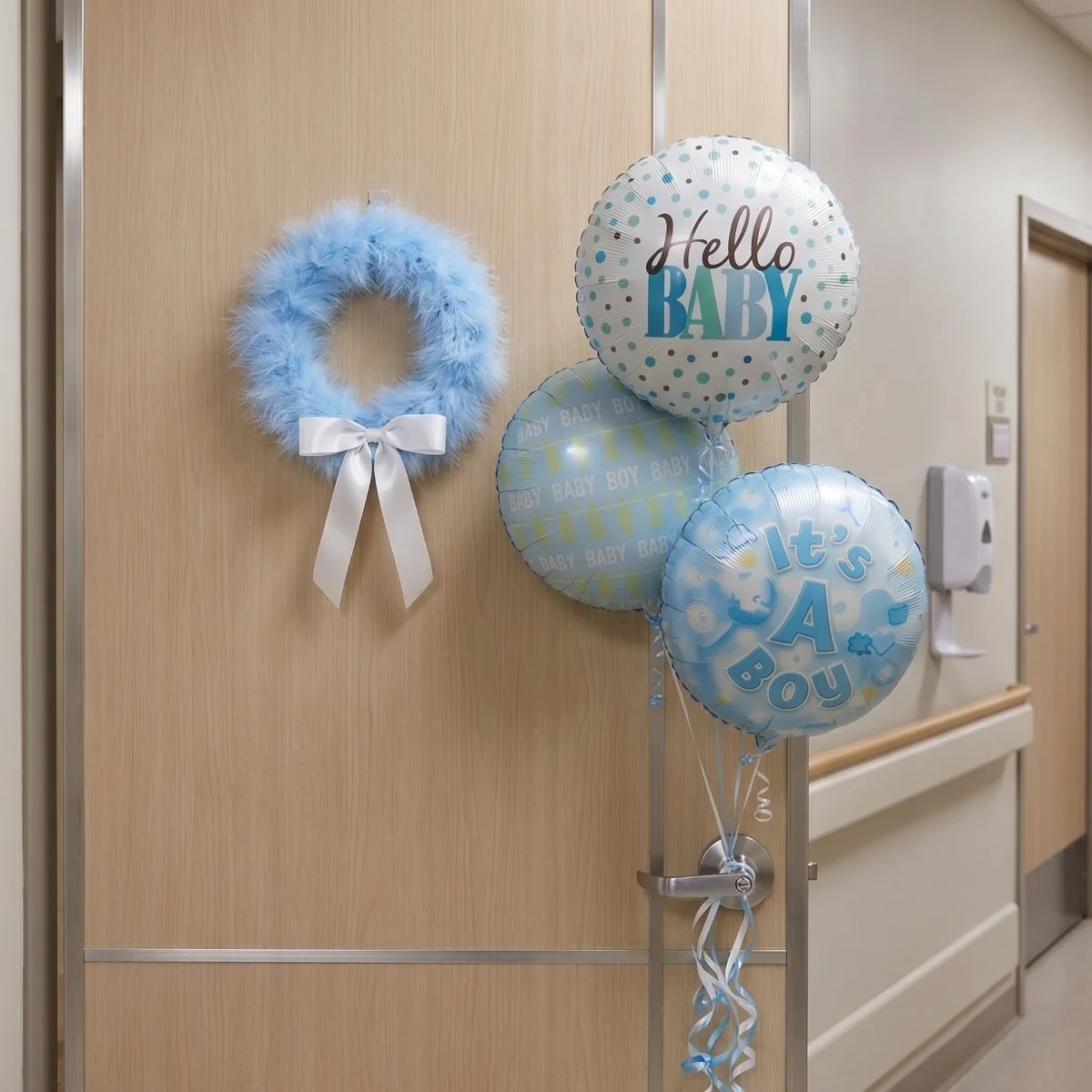 baby boy wreath and balloons on hospital door.jpg