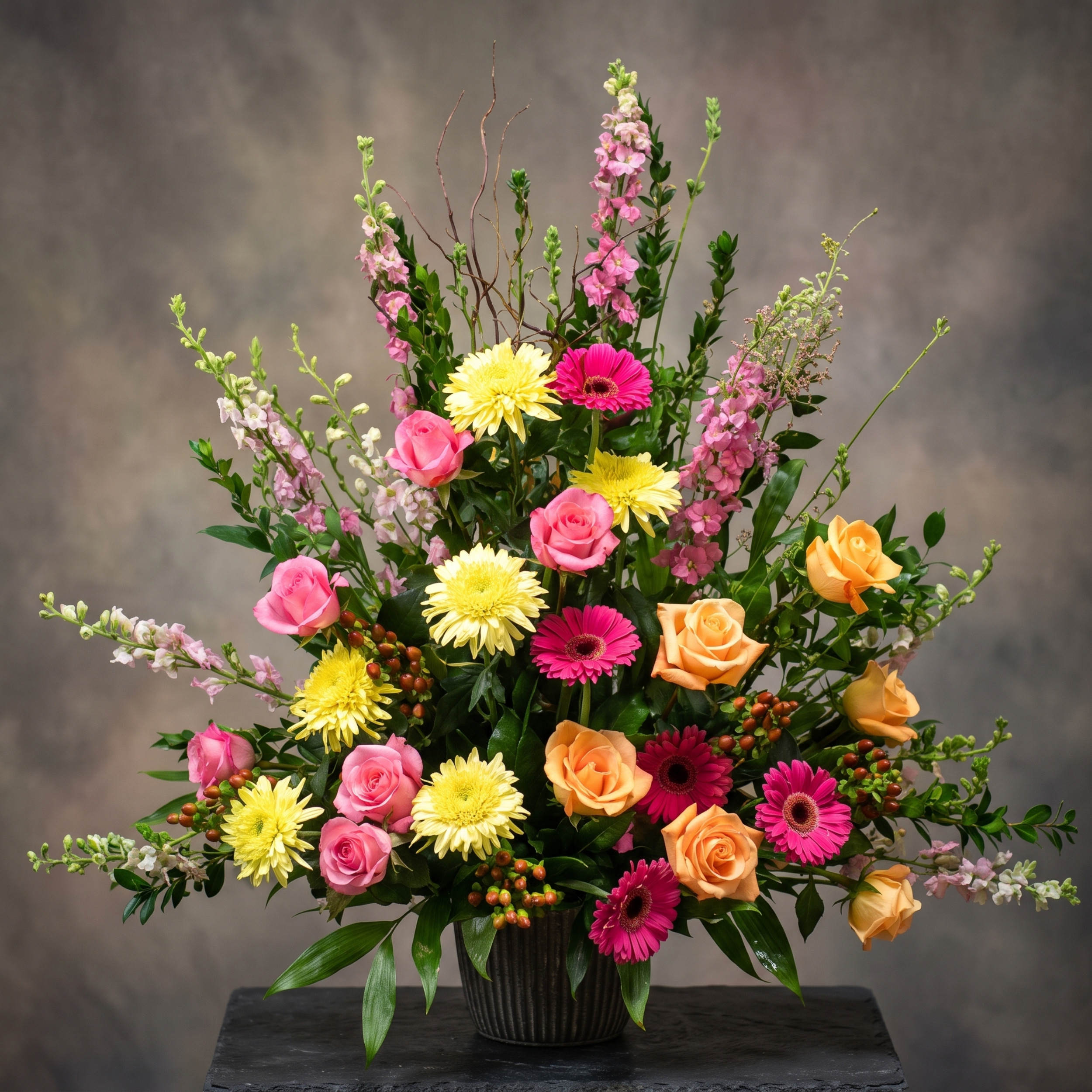 feminine memorial arrangement oraneg and pink.png