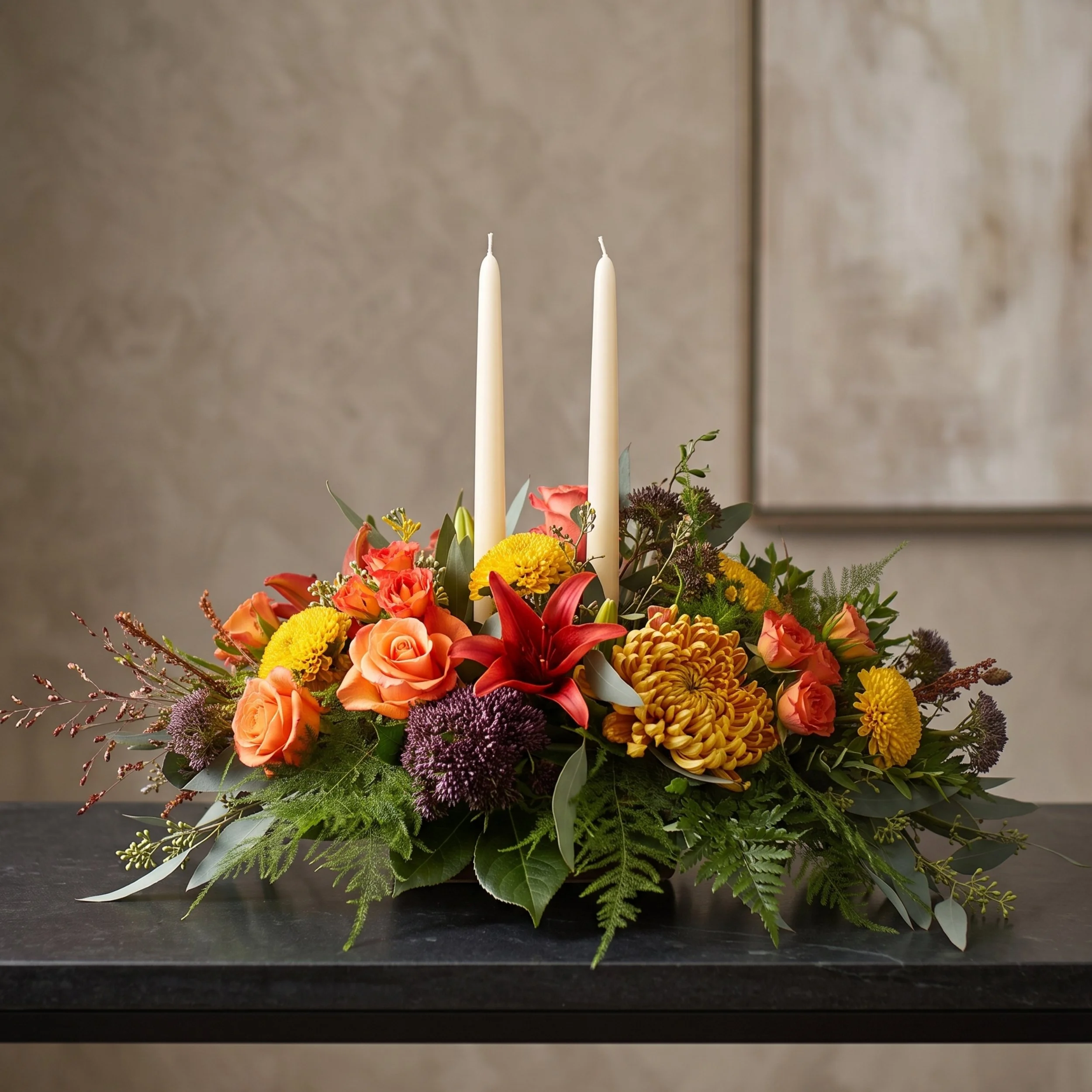 oblong thanksgiving centerpiece with tapered candles.jpg