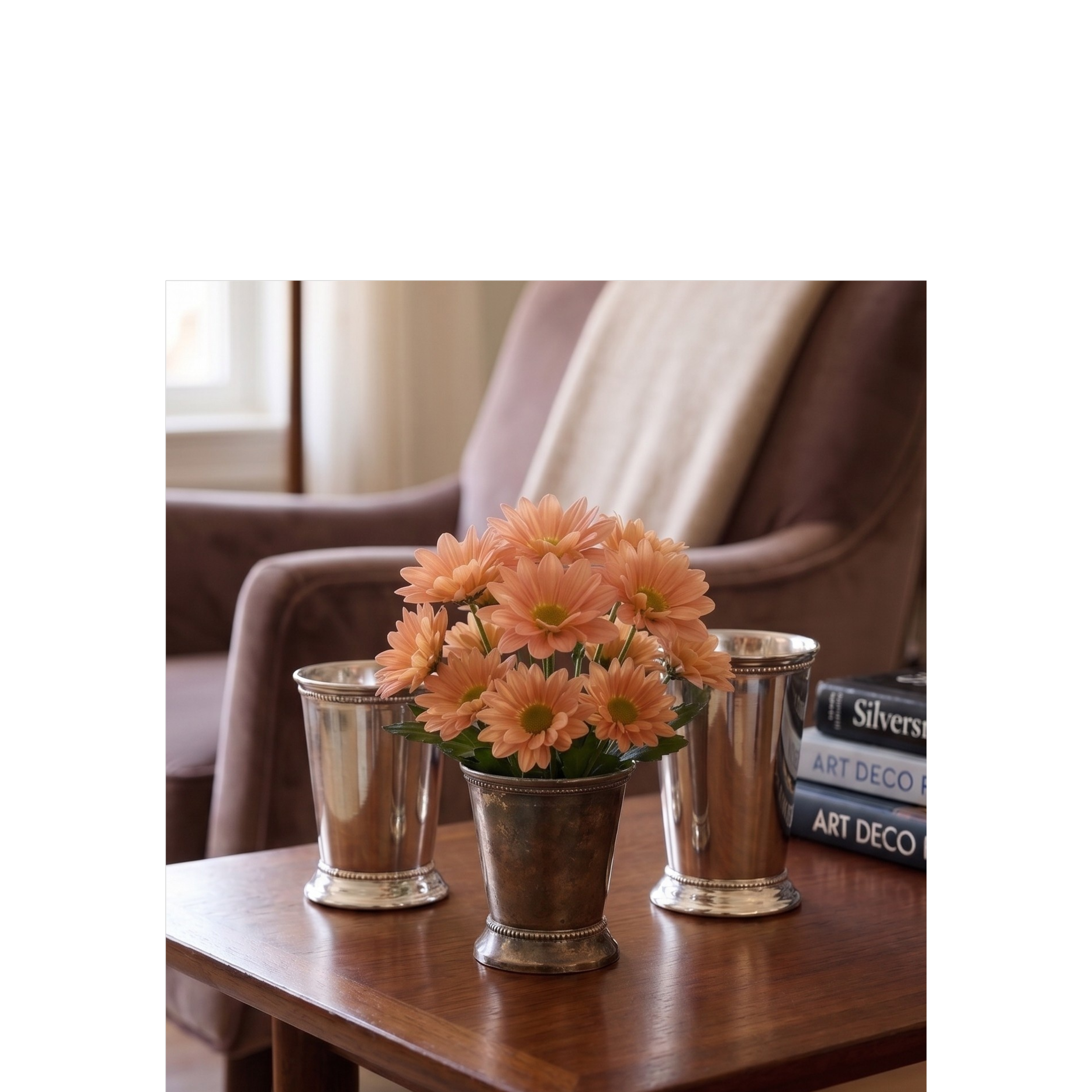 salmon daisies in mint julep vase.png