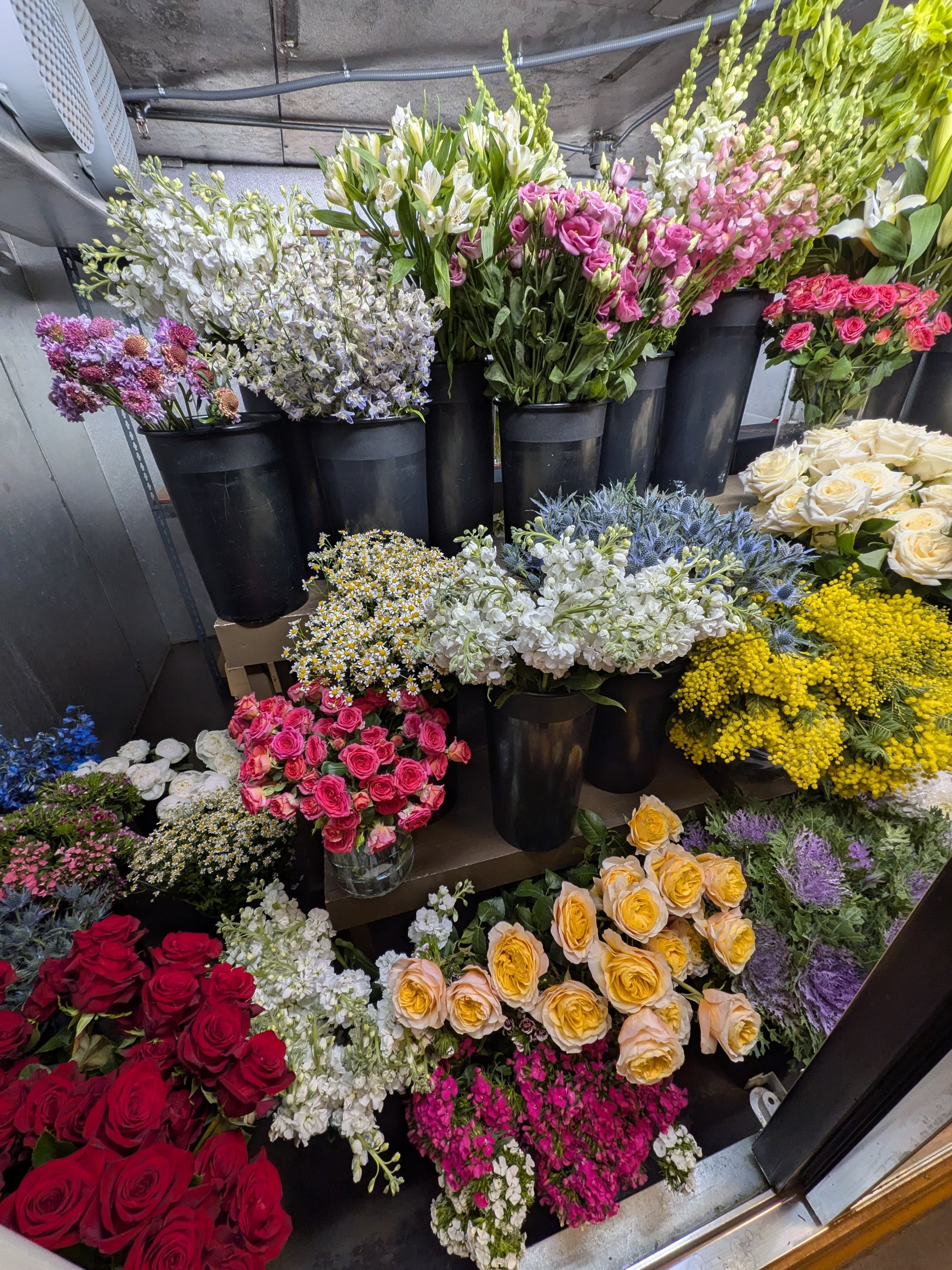 A variety of colorful flowers in black buckets on shelves, including roses, daisies, and lilies.