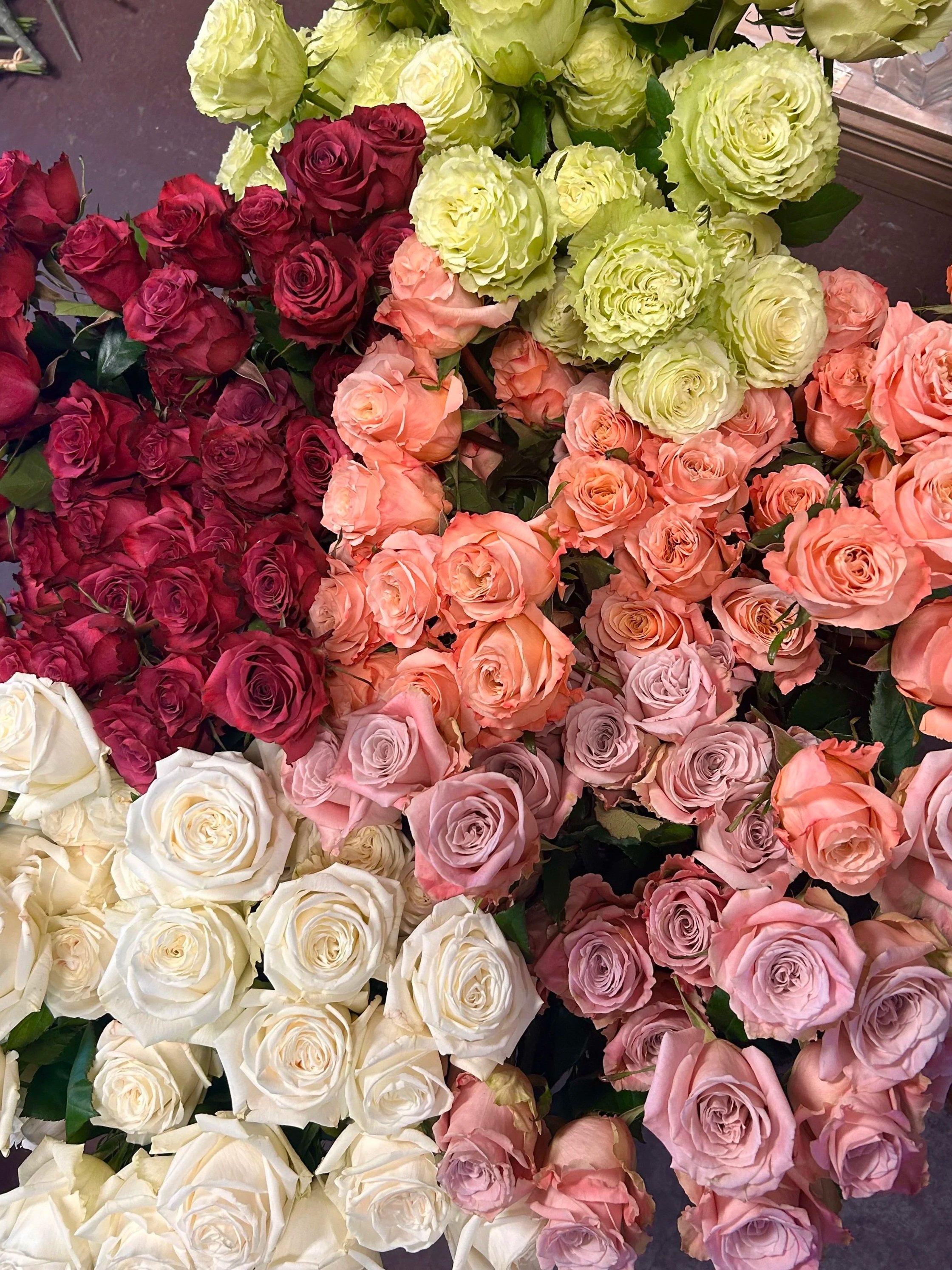 Various bouquets of roses in white, pink, peach, red, and green colors.