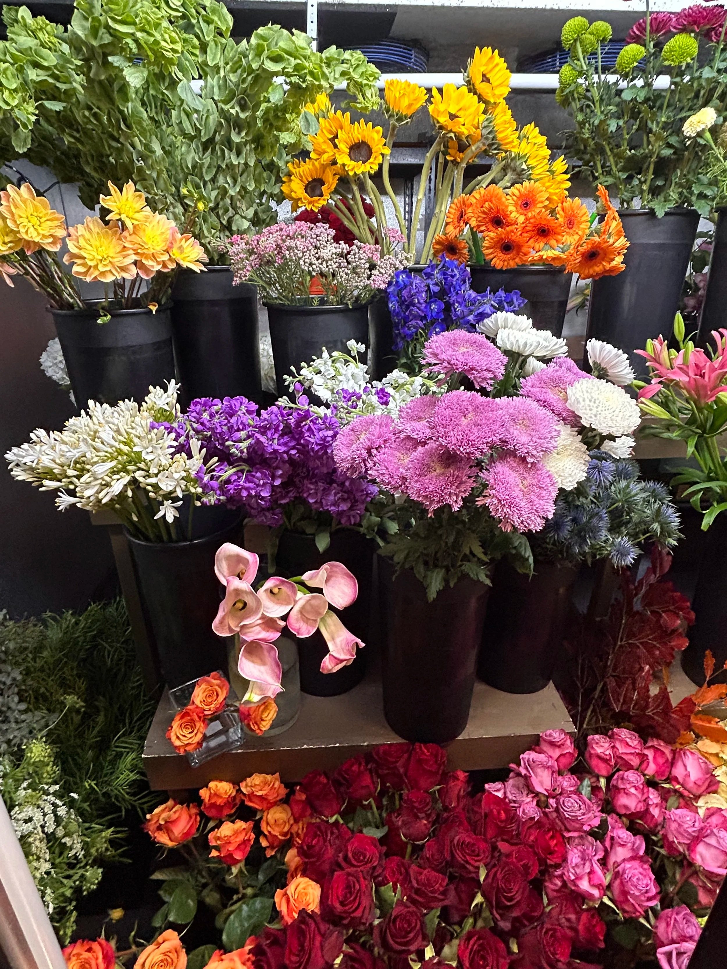 A display of colorful flowers including sunflowers, chrysanthemums, bells of Ireland, orange daisies, purple roses, pink roses, white and red roses, calla lilies, and other blooming flowers arranged in black pots and vases on display.