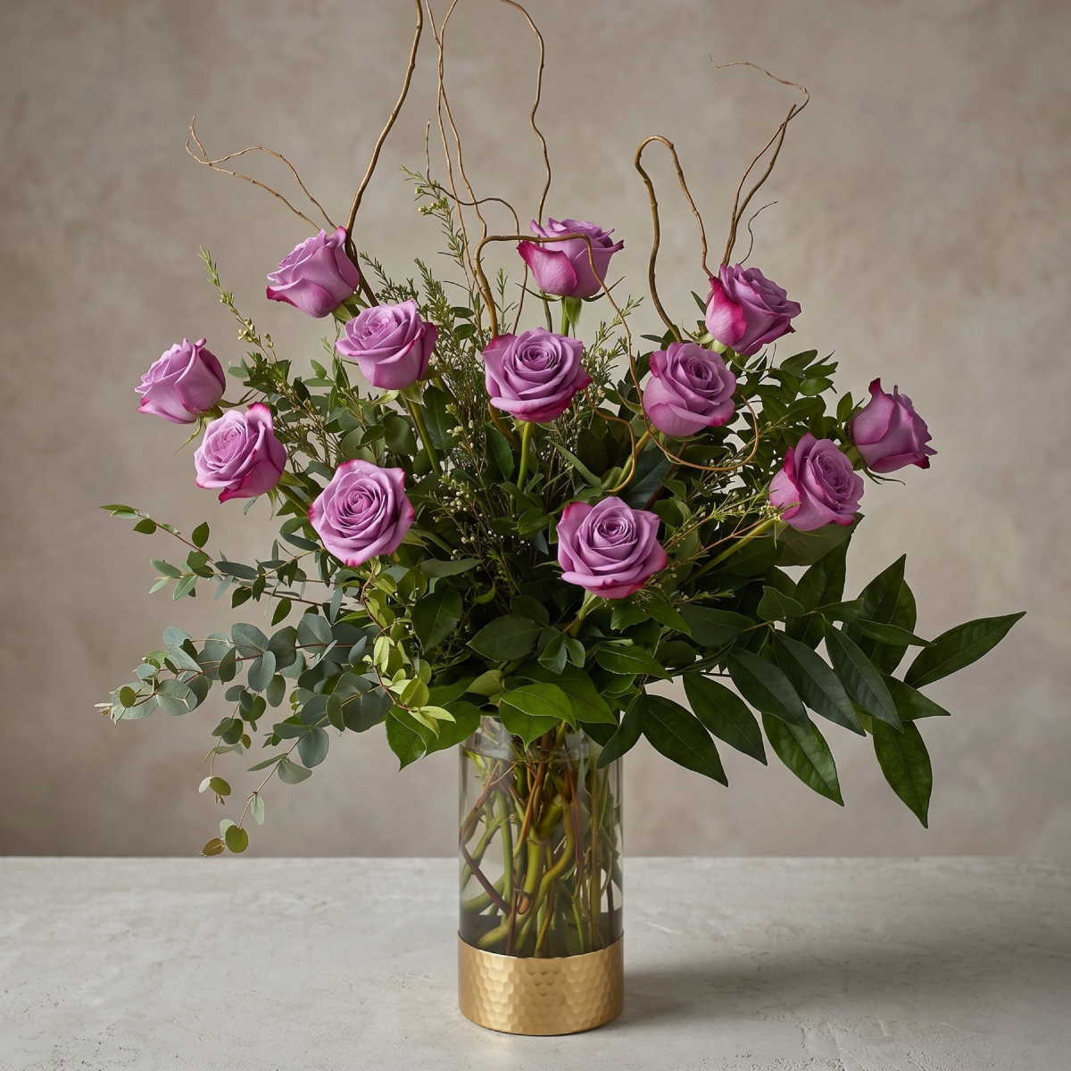 Dozen Roses in Upgrade Gold-Accent Cylinder - $160