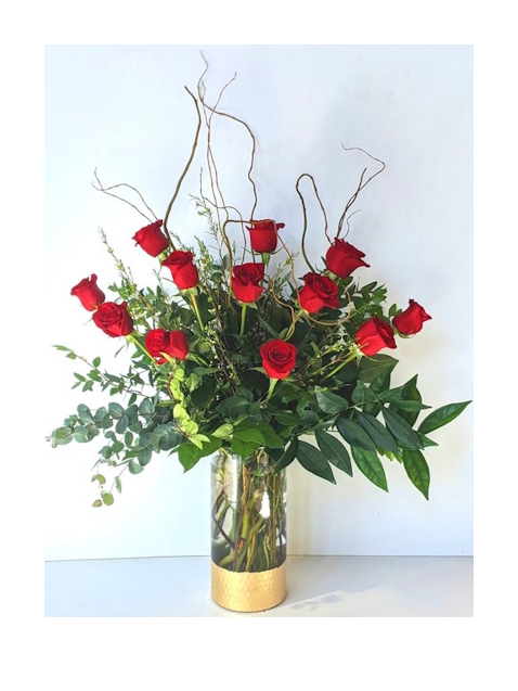 Dozen Red Roses in Upgrade Gold-Accent Cylinder - $185