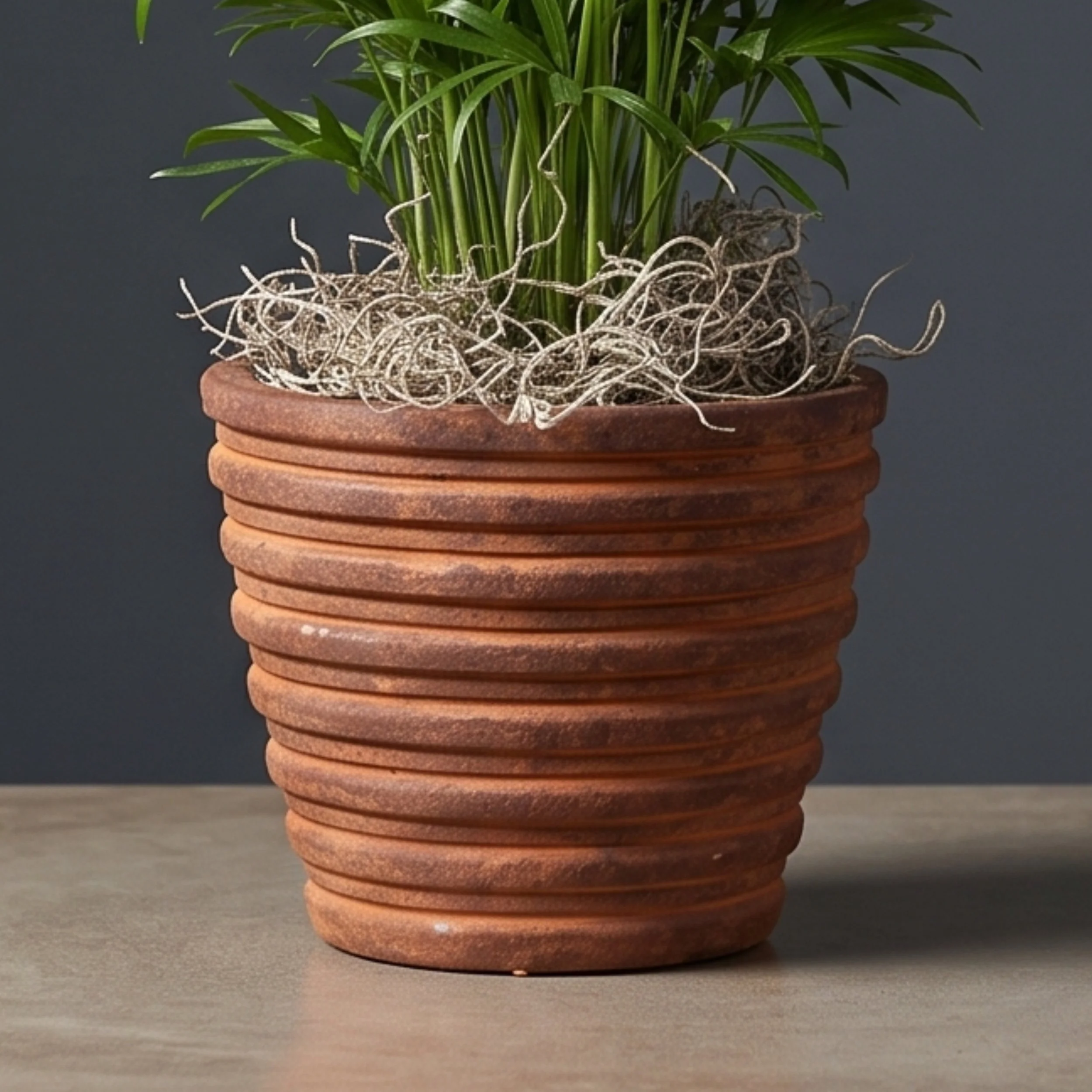palm in brown ceramic - striped up close.jpg
