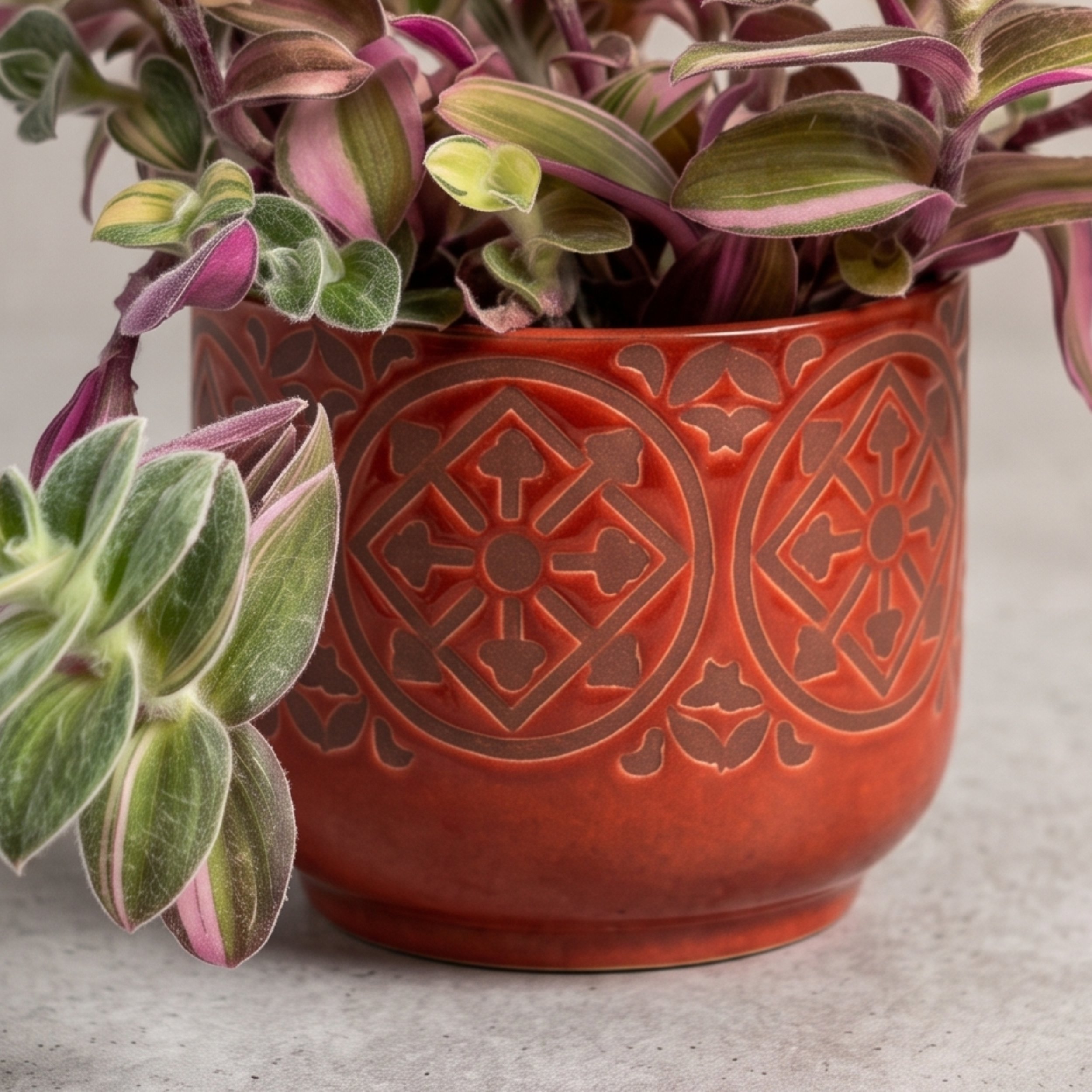 Variegated Cobweb Spiderwort in red ceramic close up.jpg