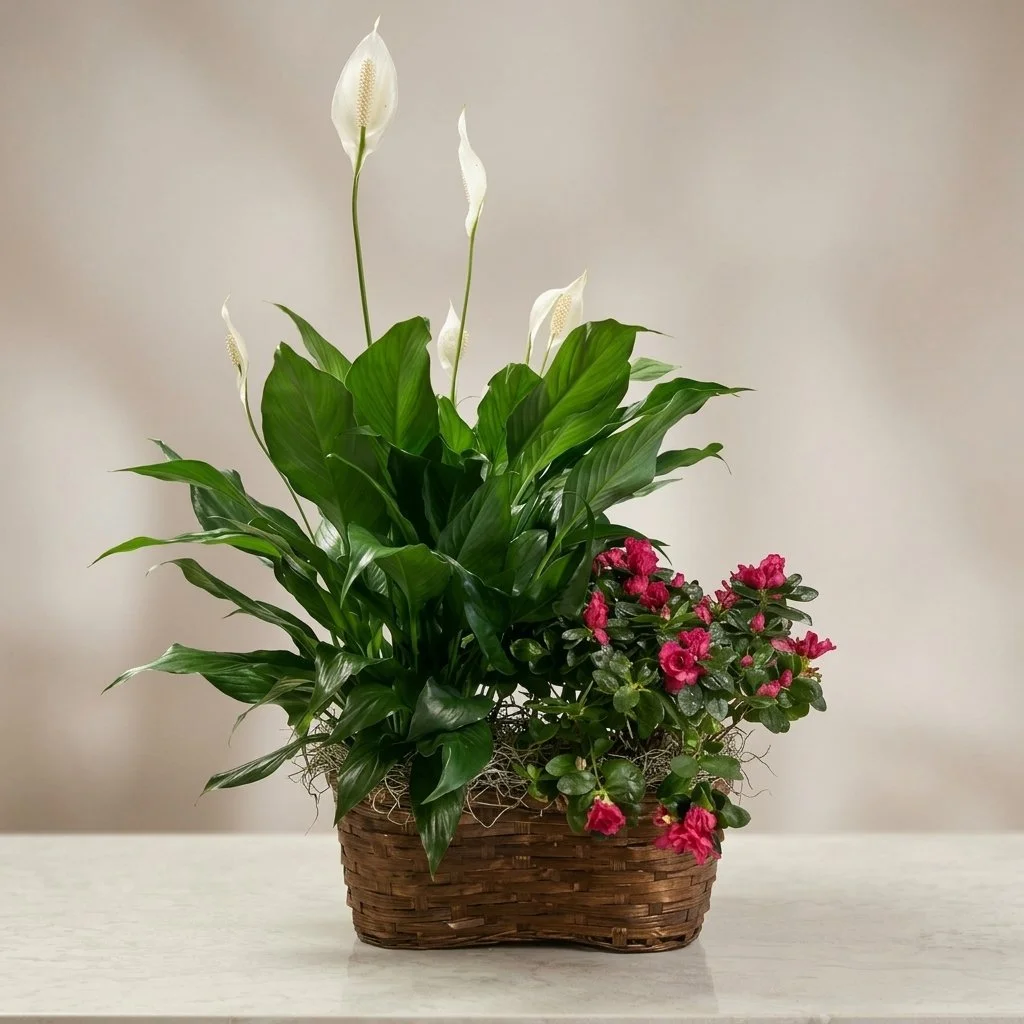Live Inventory - Double Basket with Peace Lily & Azalea - $100