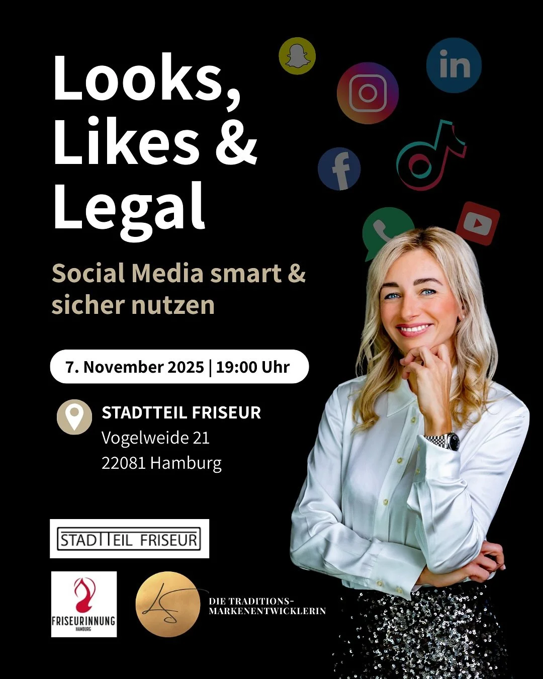 ✨Save the Date✨

💇&zwj;♀️💇&zwj;♂️ An alle Friseur:innen und Saloninhaber:innen:

Am 7. November 2025 um 19 Uhr laden euch @friseurinnunghamburg &amp; @stadtteil_friseur zu einem besonderen Abend ein.

Thema: &bdquo;Social Media sicher nutzen&ldquo;
