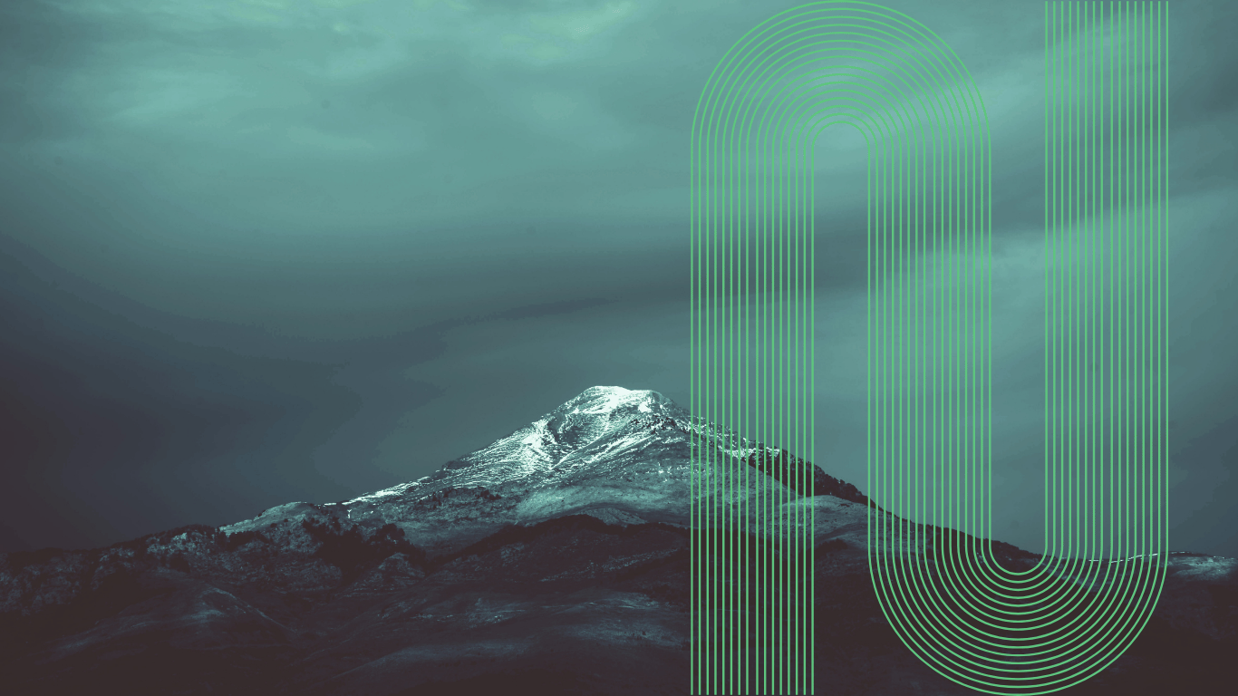 Snow-capped mountain under cloudy sky with large green abstract number '10'.