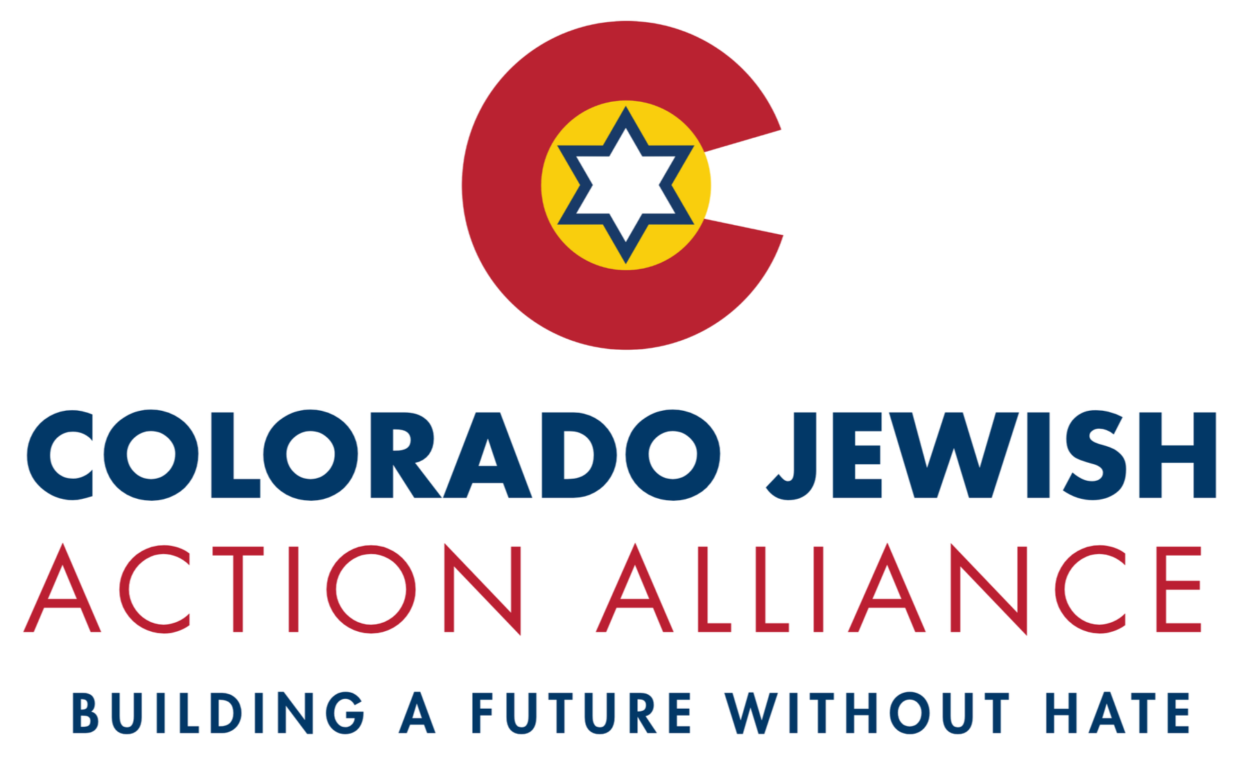 Logo of Colorado Jewish Action Alliance featuring a red circle with a yellow and blue star of David in the center, and text reading "Colorado Jewish Action Alliance" and "Building a Future Without Hate".