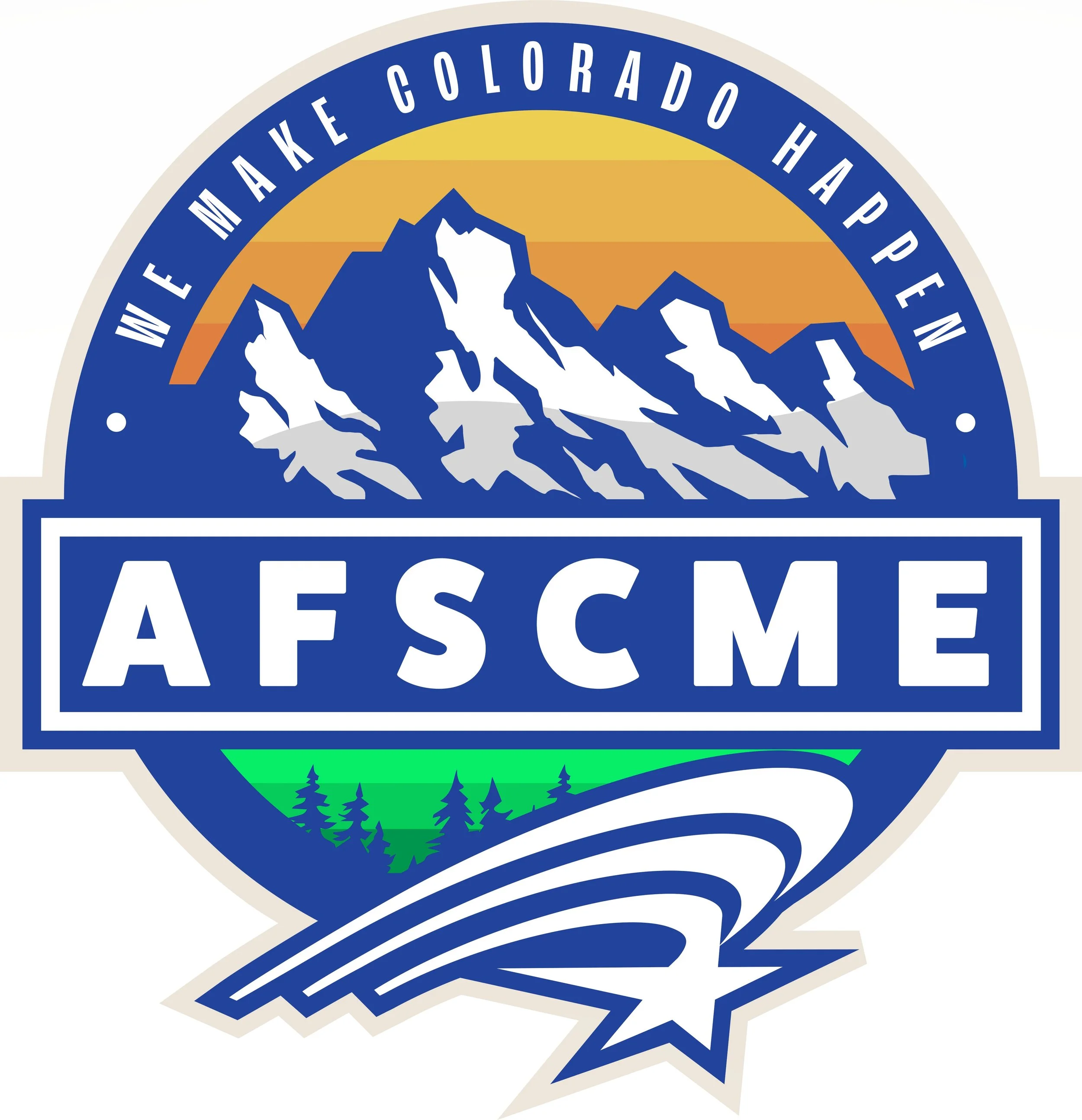 Logo for the White Lake Colorado Happenings and AESCME, featuring a mountain range, pine trees, and stylized text.