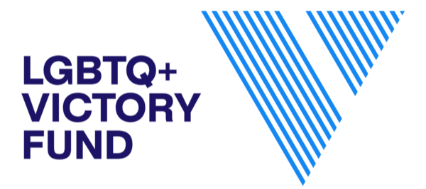 LGBTQ+ Victory Fund logo with bold text and a stylized blue striped triangle.
