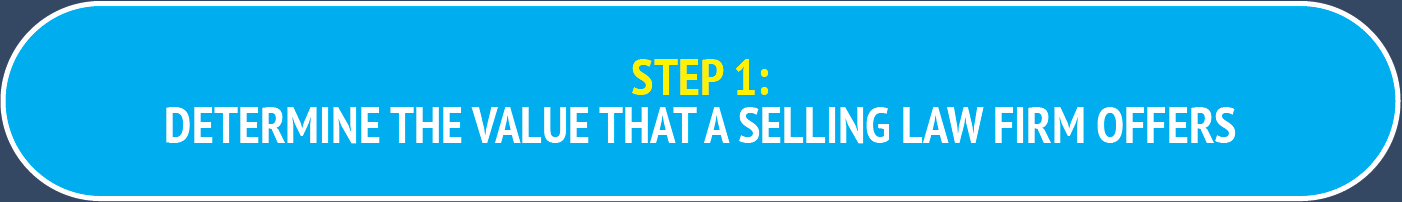 Blue infographic button with yellow text reading "STEP 1:" and white text reading "DETERMINE THE VALUE THAT A SELLING LAW FIRM OFFERS."