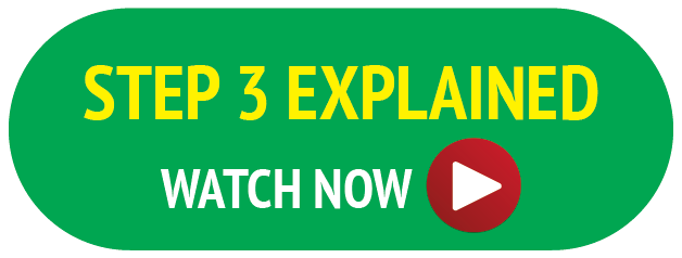 Green oval button with yellow text saying 'STEP 3 EXPLAINED', white text saying 'WATCH NOW', a red play icon, and a white background.